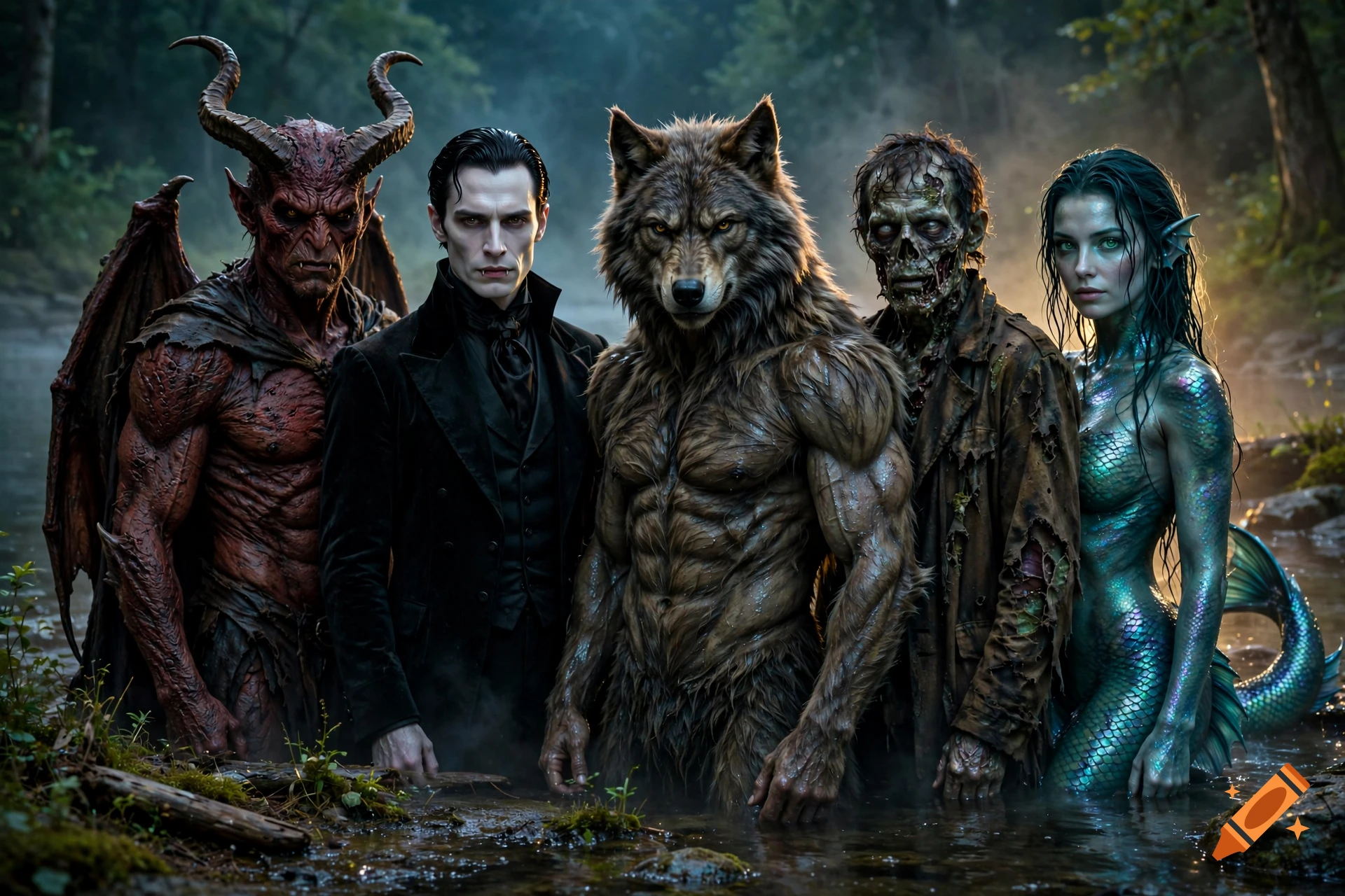 A group of five fantasy creatures including a horned demon, a vampire, a werewolf, a zombie, and a mermaid standing together in a misty forest river.