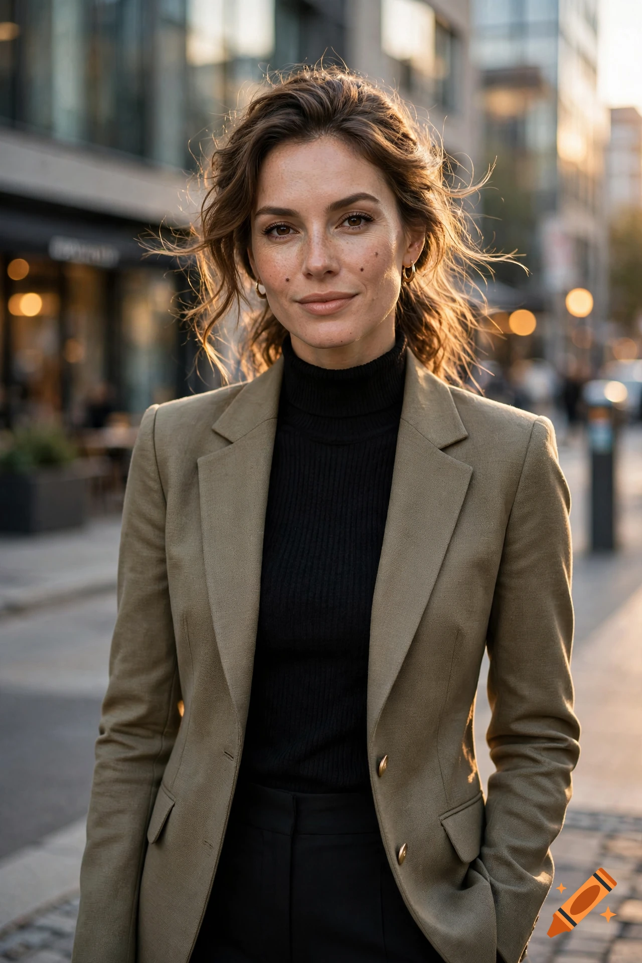 Photorealistic portrait of a woman with freckles and brown hair wearing a beige blazer and black turtleneck, outdoors in a city setting.