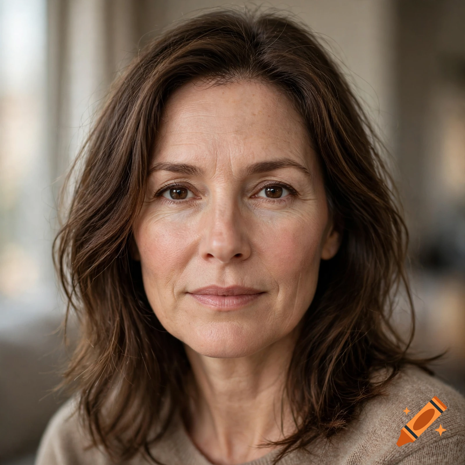 Close-up portrait of a 40-year-old woman with brown hair and brown eyes, photorealistic style.