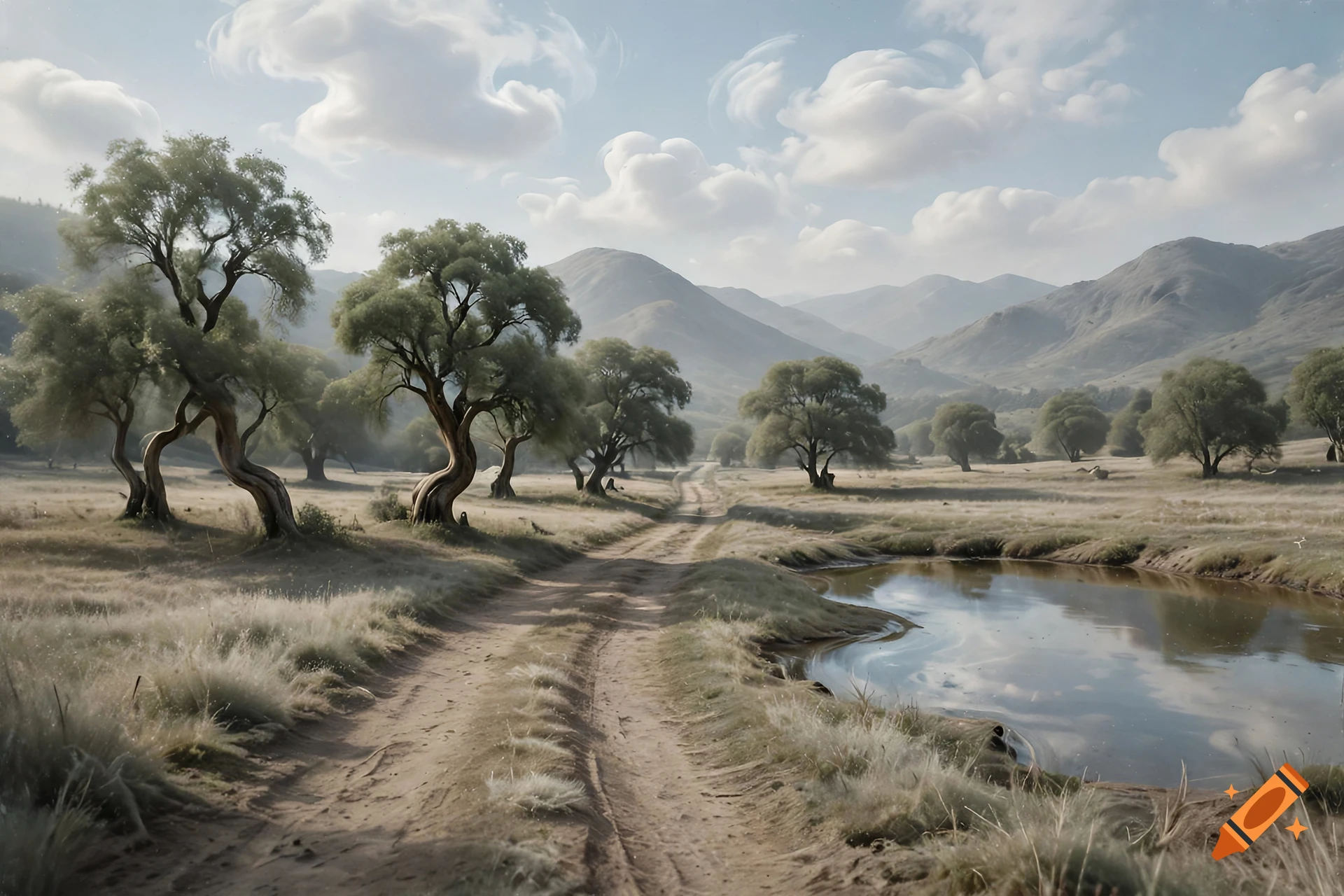 AI-generated landscape with a dirt road, scattered trees, a small pond, and mountains in the background.