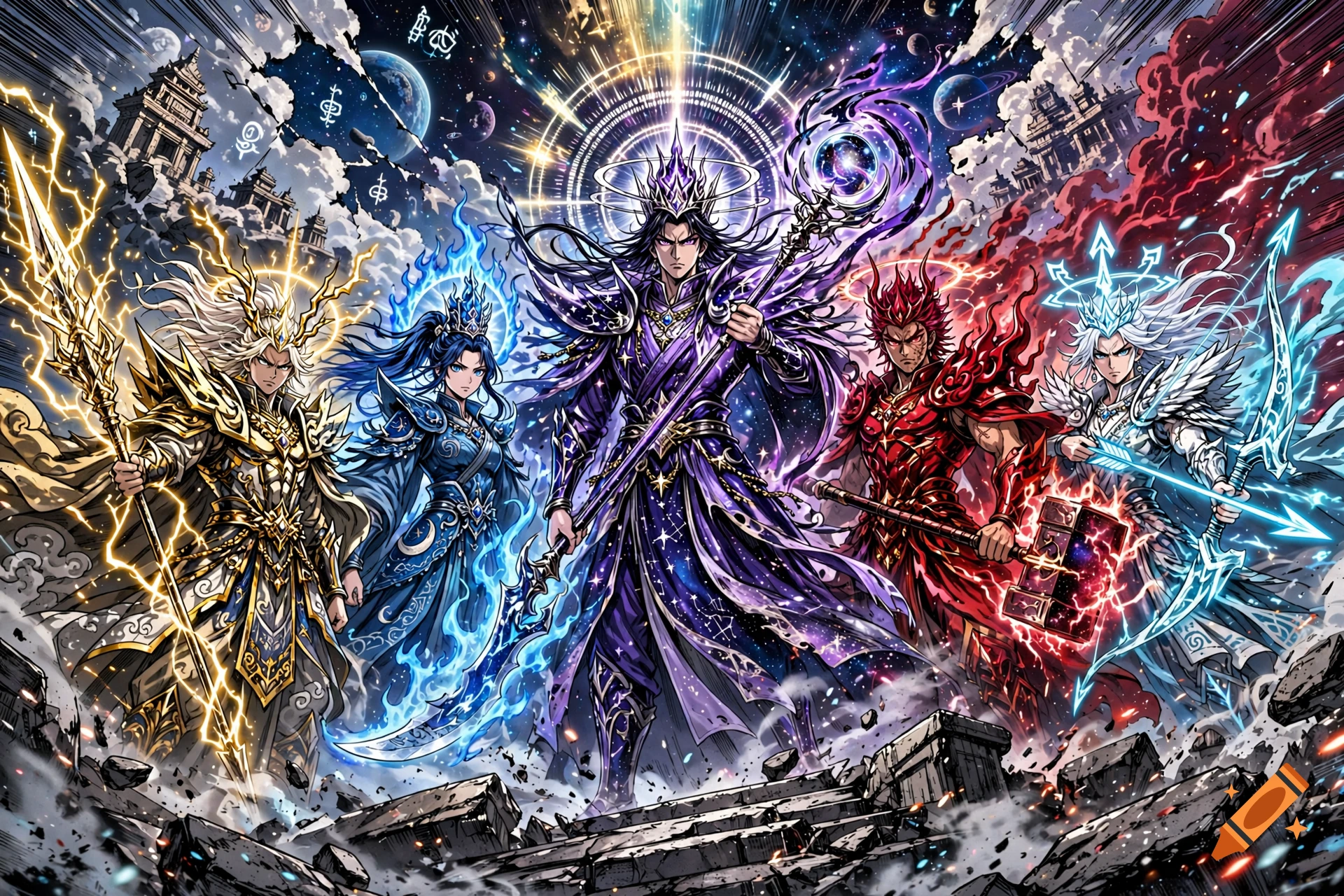 Manga style illustration of five powerful gods with elemental powers and divine weapons standing among ruins.