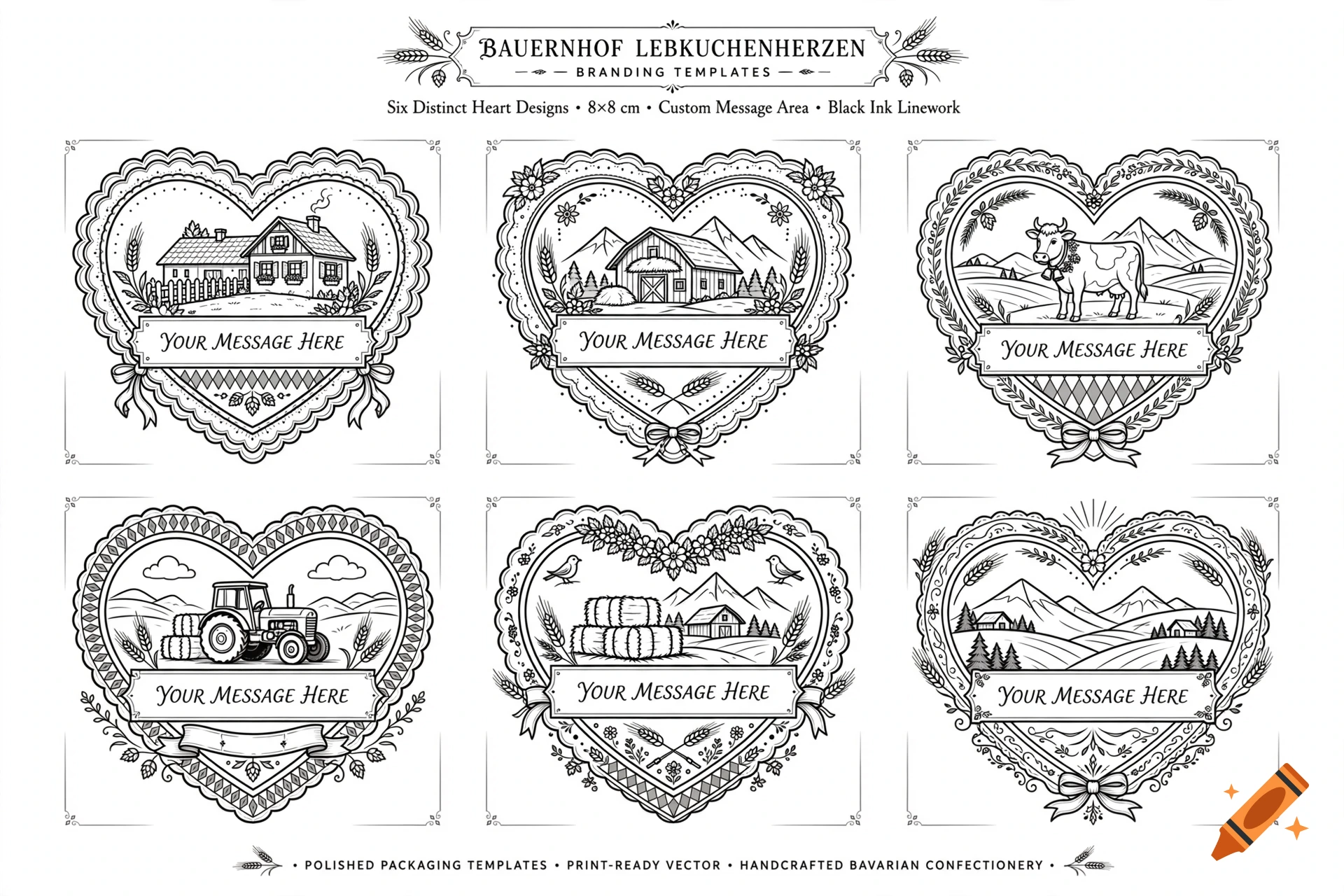 Black and white linework branding templates featuring six distinct heart-shaped designs with rural farm motifs.