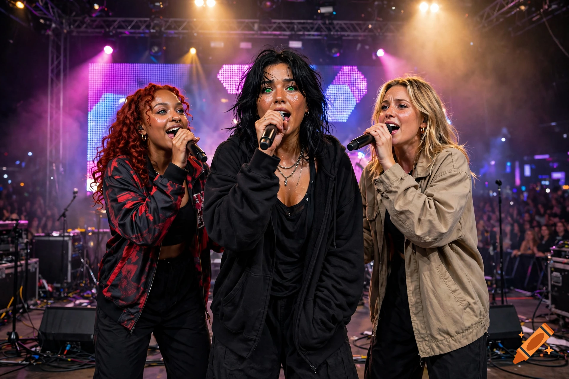 Three diverse female singers performing on a stage with microphones, bright stage lights, and a crowd in the background.