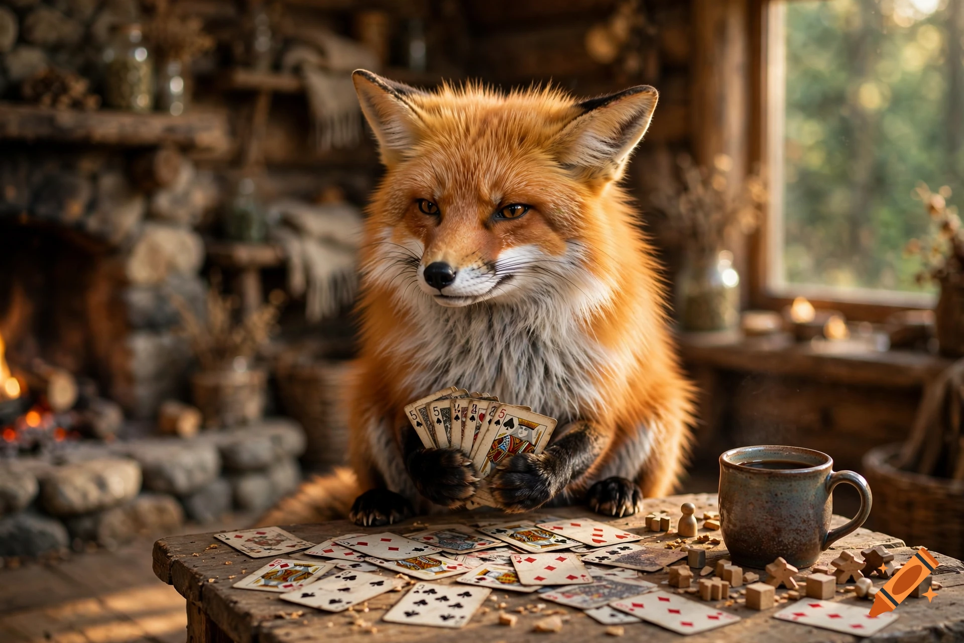A cute red fox sitting at a wooden table playing cards in a cozy rustic cabin, with a cup of coffee and game pieces.