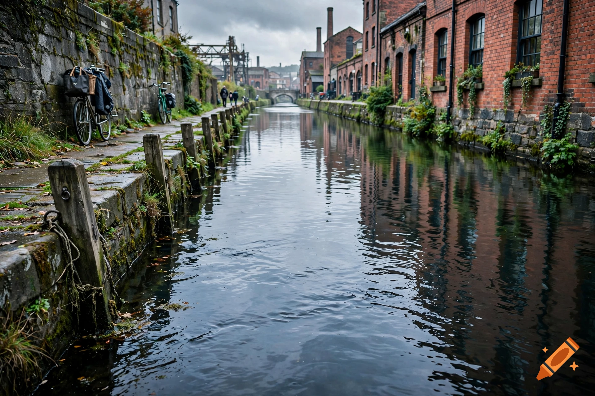 Photorealistic view of a calm canal in an urban area with brick buildings and a stone walkway with bicycles.
