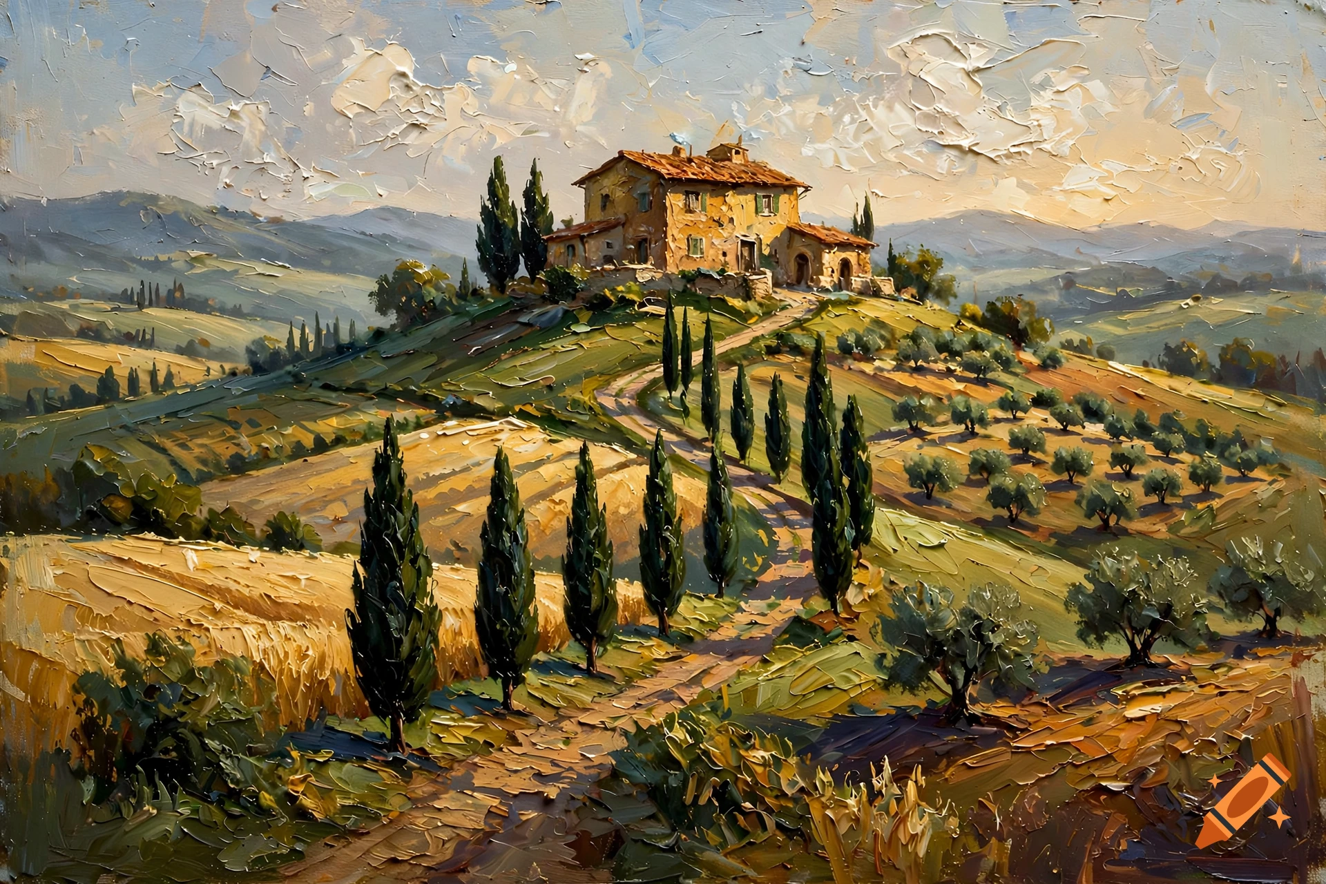 Impressionist oil painting of a Tuscan landscape with rolling hills, cypress trees, and a farmhouse on a hilltop.