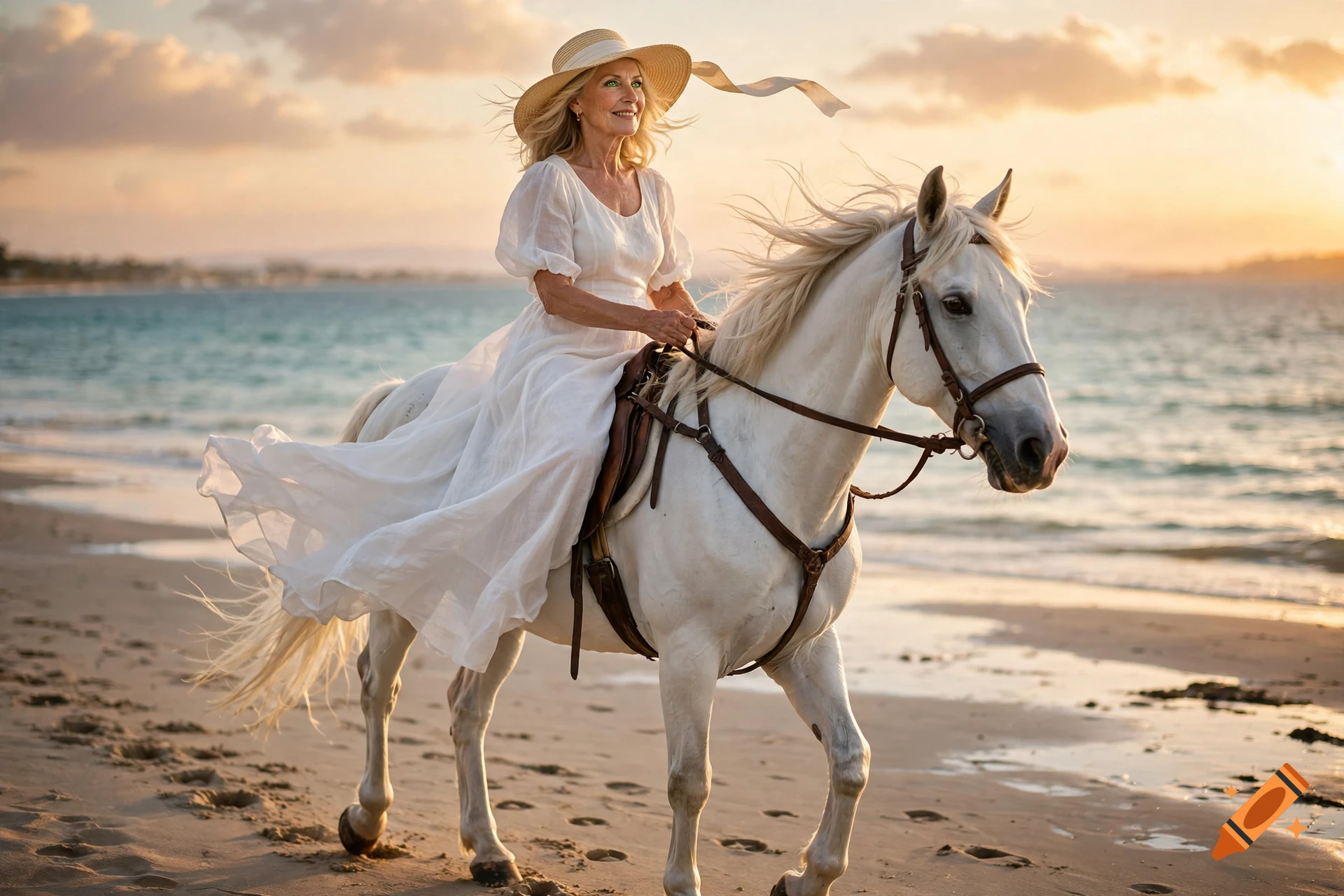 Photorealistic image of a smiling middle-aged blonde woman in a white dress and sun hat riding a white horse on a beach at sunset.