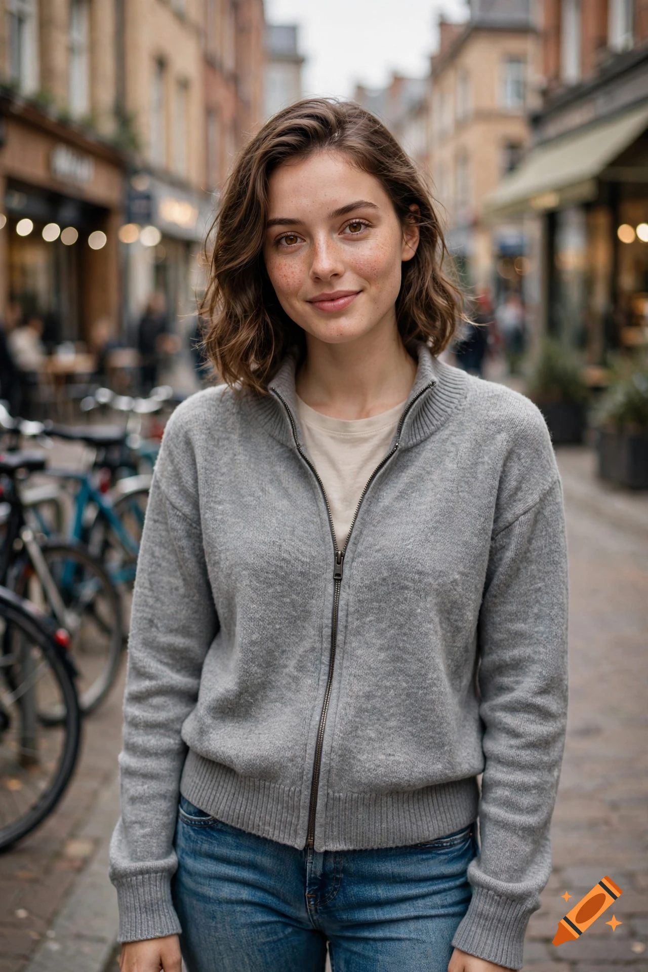 Photorealistic portrait of a young woman with shoulder-length brown hair and freckles, wearing a gray zip-up sweater on a city street.