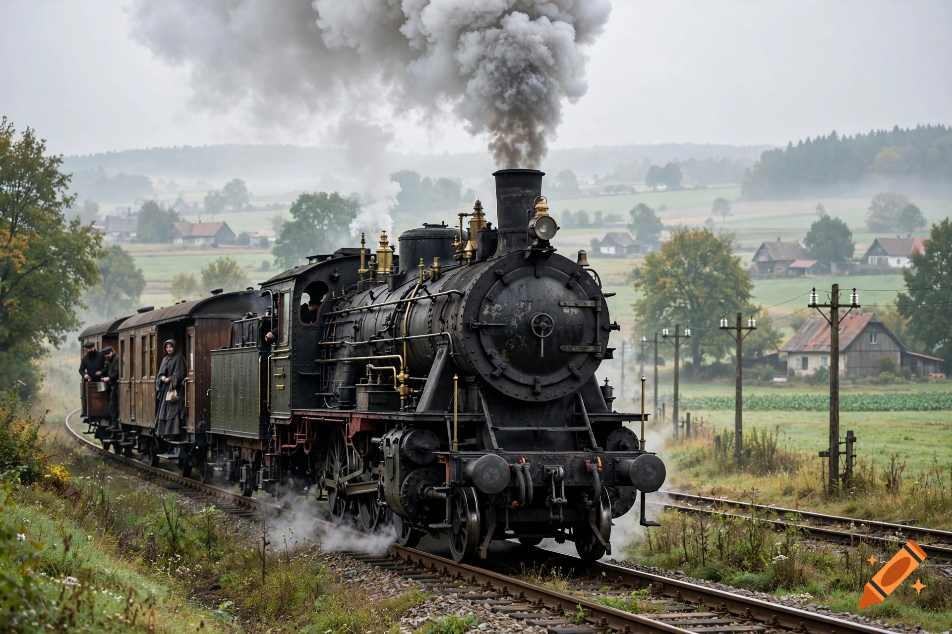 Photorealistic image of an old steam locomotive traveling on tracks through a German countryside with misty hills and houses.