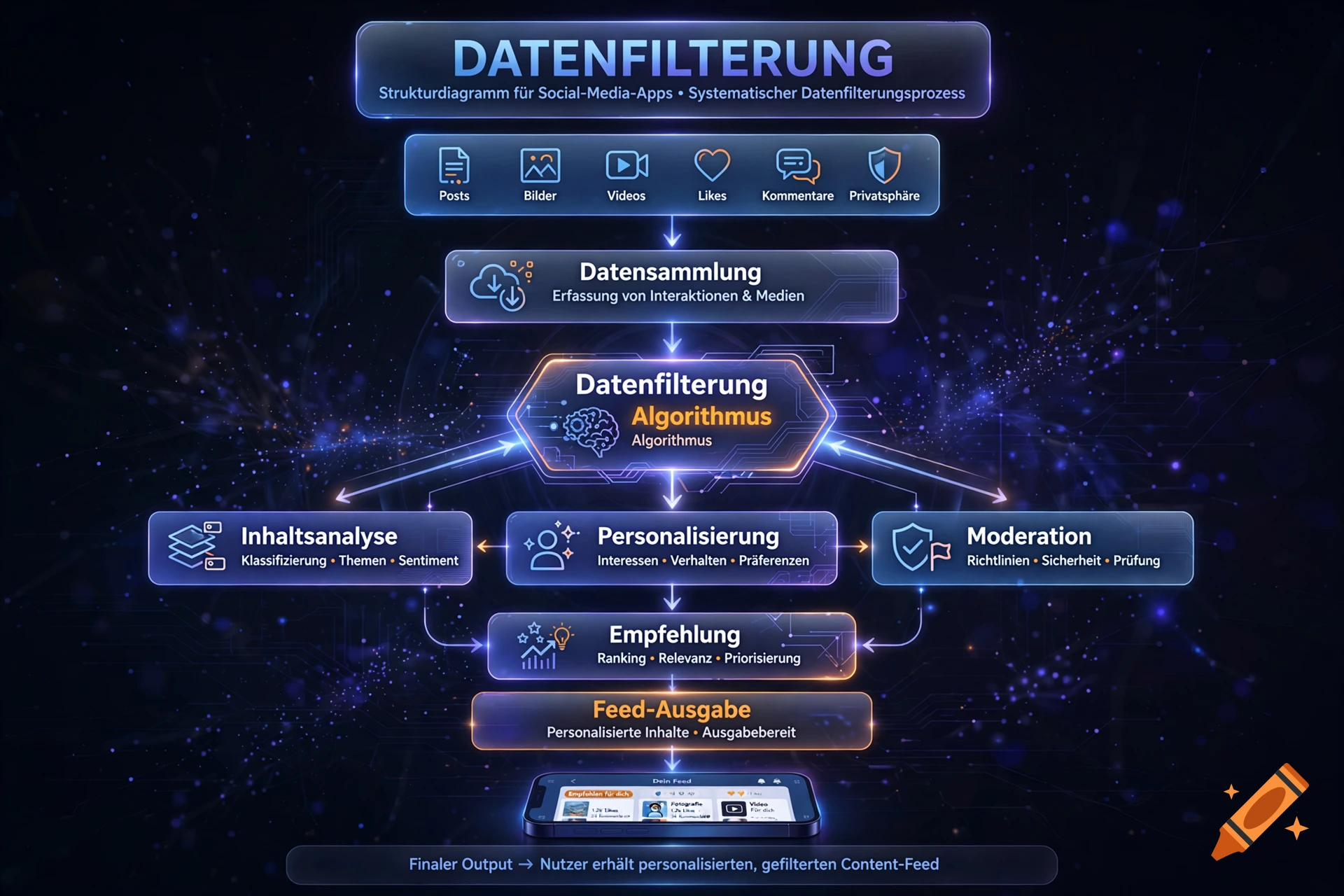 A structured infographic flowchart in German illustrating social media data filtering and moderation processes.
