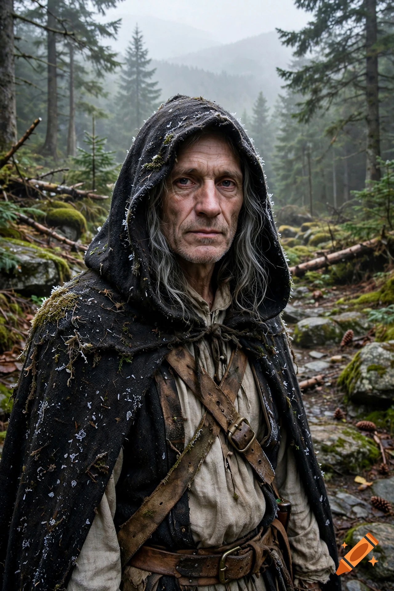 An older man with long grey hair wearing a hooded dark cloak in a misty forest