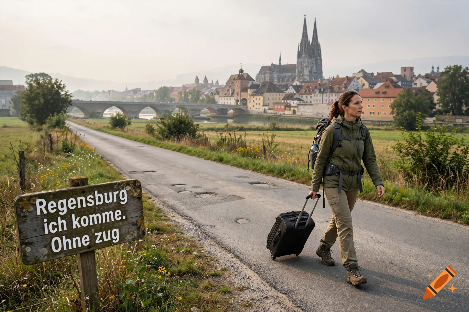 Photorealistic image of a woman walking on a road with a suitcase, pulling it towards Regensburg with a cathedral in the background.