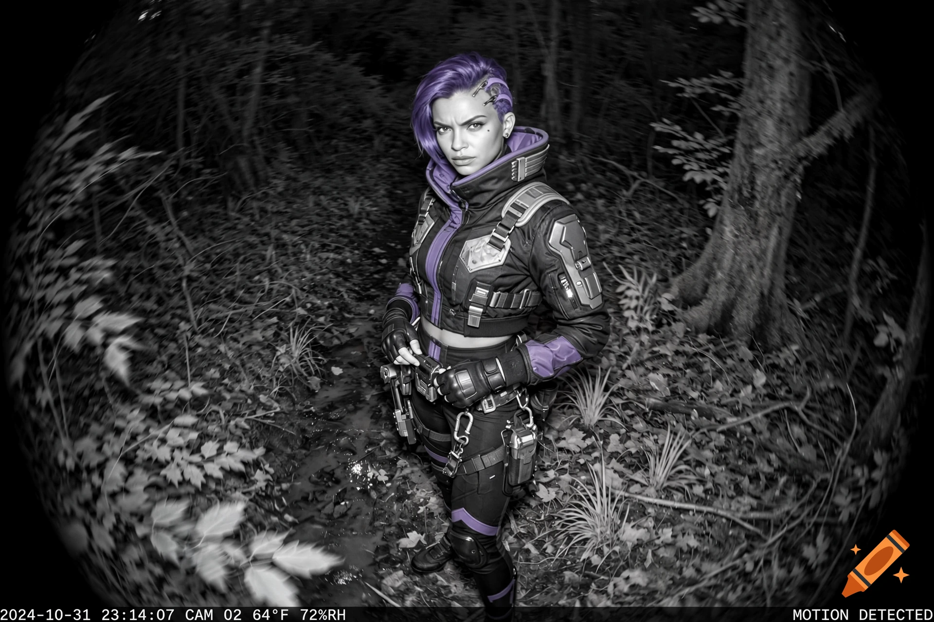 Monochrome trail camera footage of Sombra from Overwatch with purple hair standing in a forest at night.