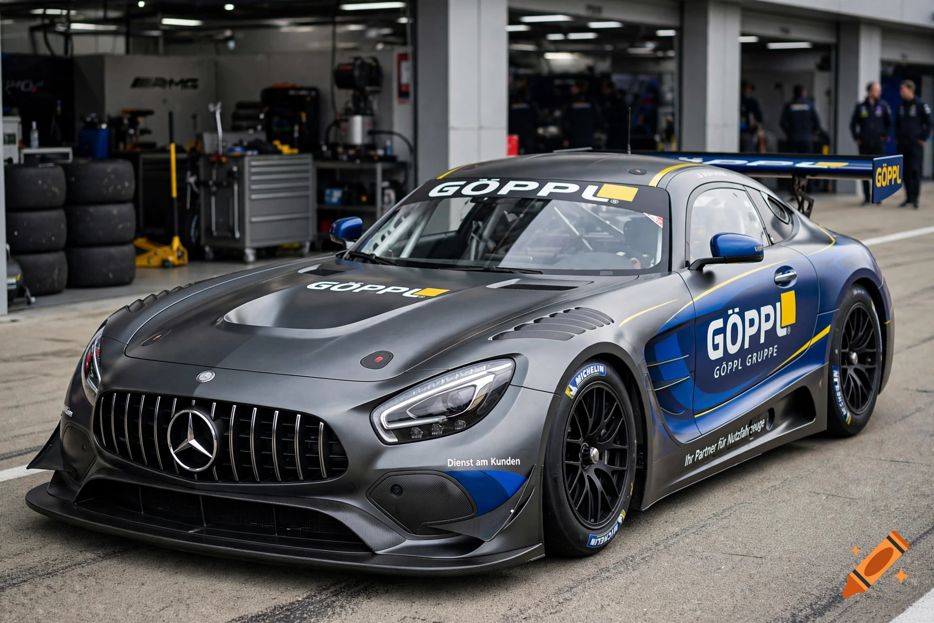 Photorealistic image of a custom grey and blue Mercedes-AMG GT3 race car parked in a garage.