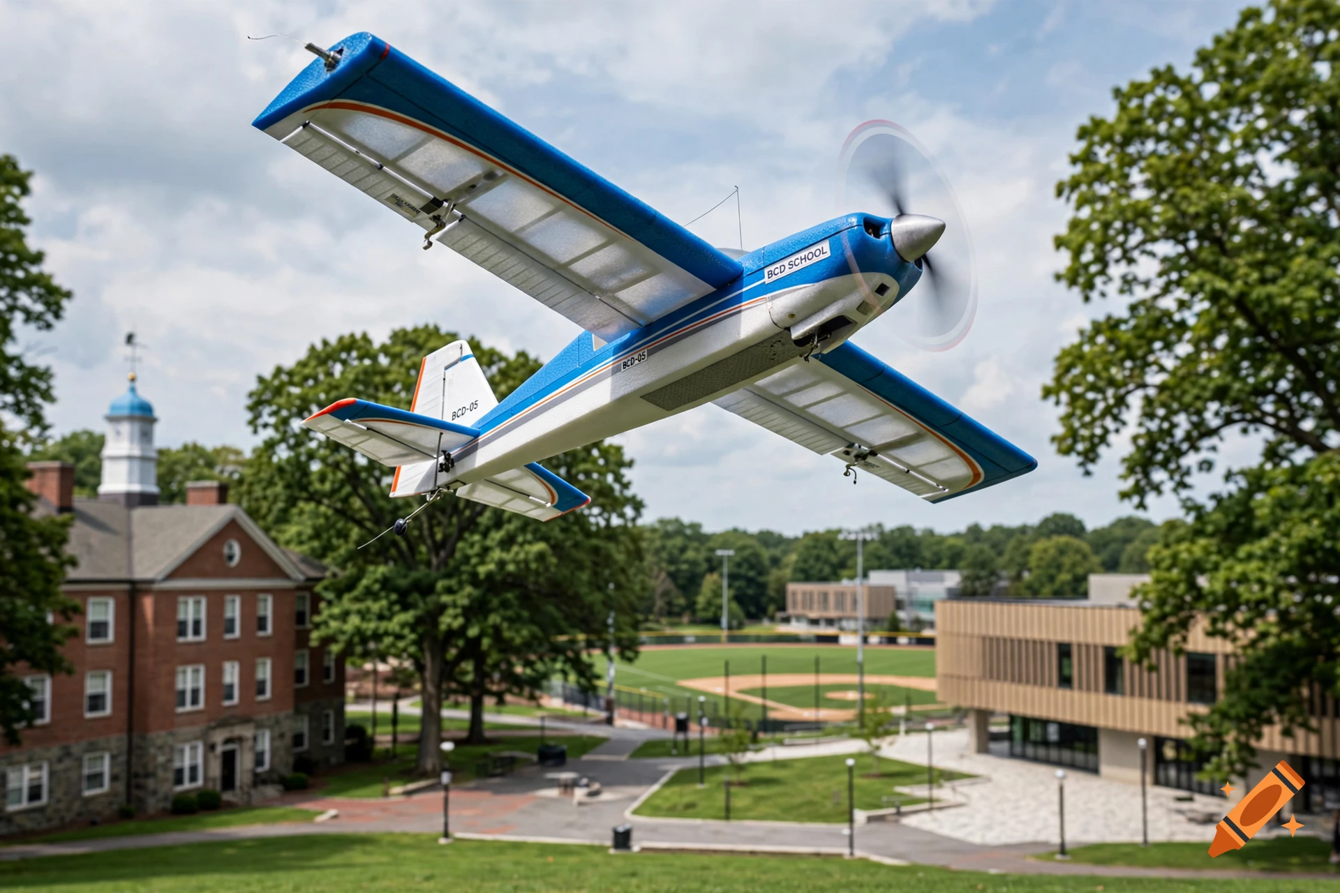 An RC airplane flying in mid-air over a school campus with a brick building and sports field in the background, photorealistic.