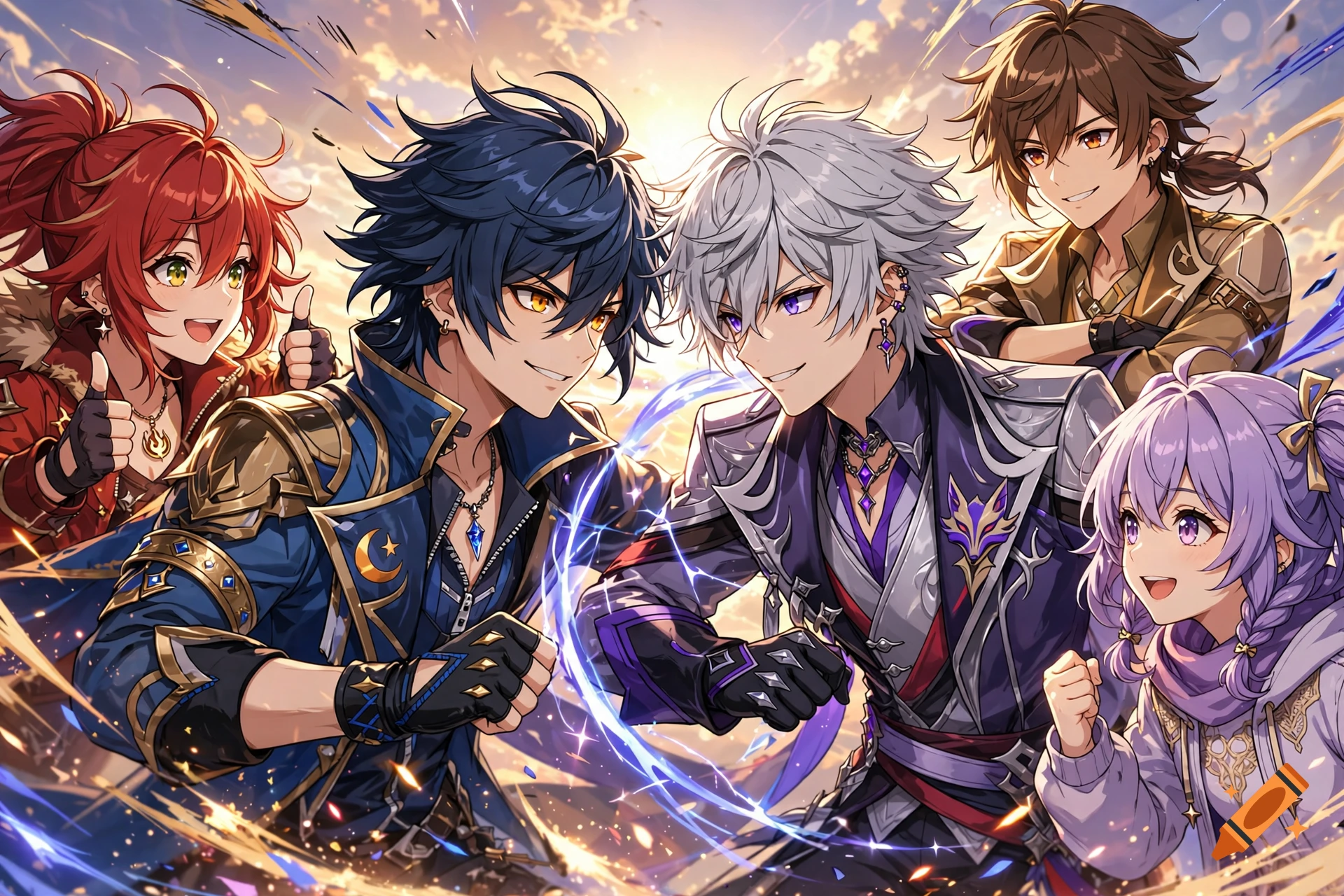 Anime style illustration of five characters in fantasy attire fist-bumping under a sunny sky.
