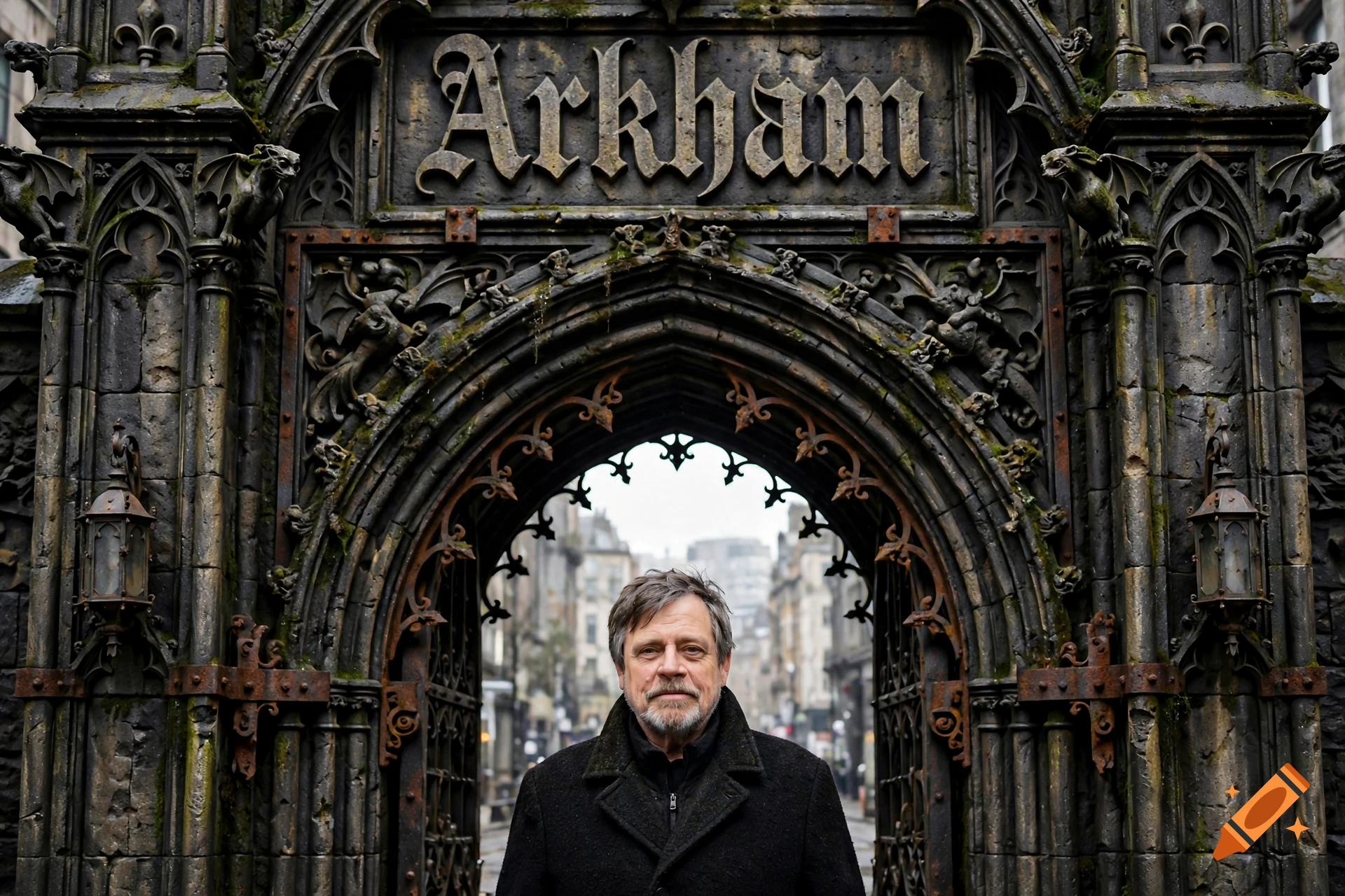 Mark Hamill standing in front of a gothic Arkham gate entrance in a realistic style.