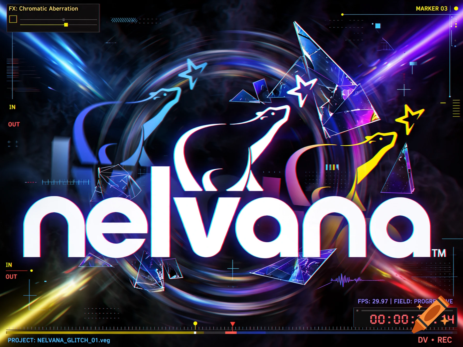 Nelvana logo styled as a video editing interface with polar bear and star graphics and glitch effects.