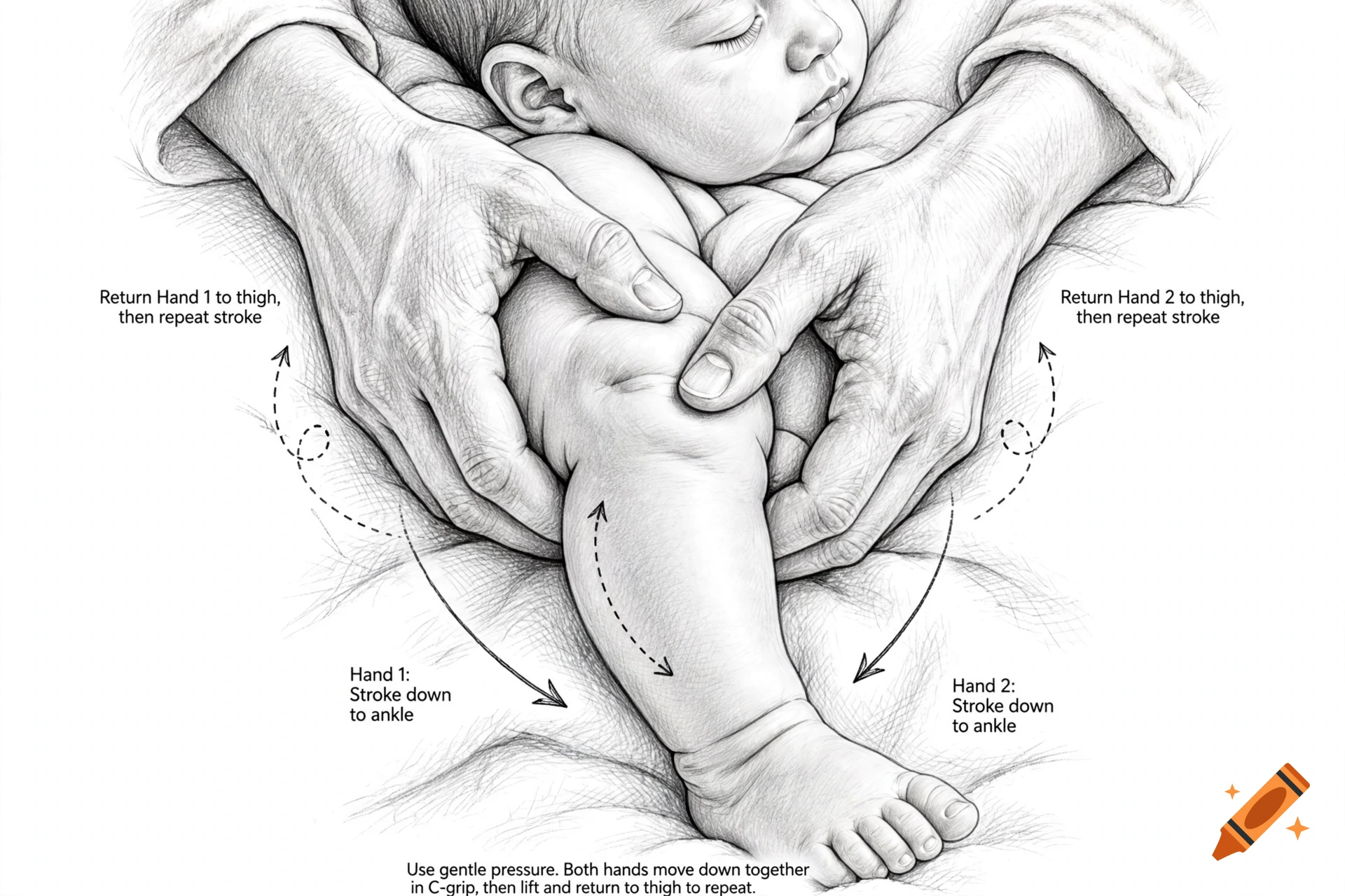 An instructional line drawing showing hands demonstrating a massage stroke on an infant's leg.