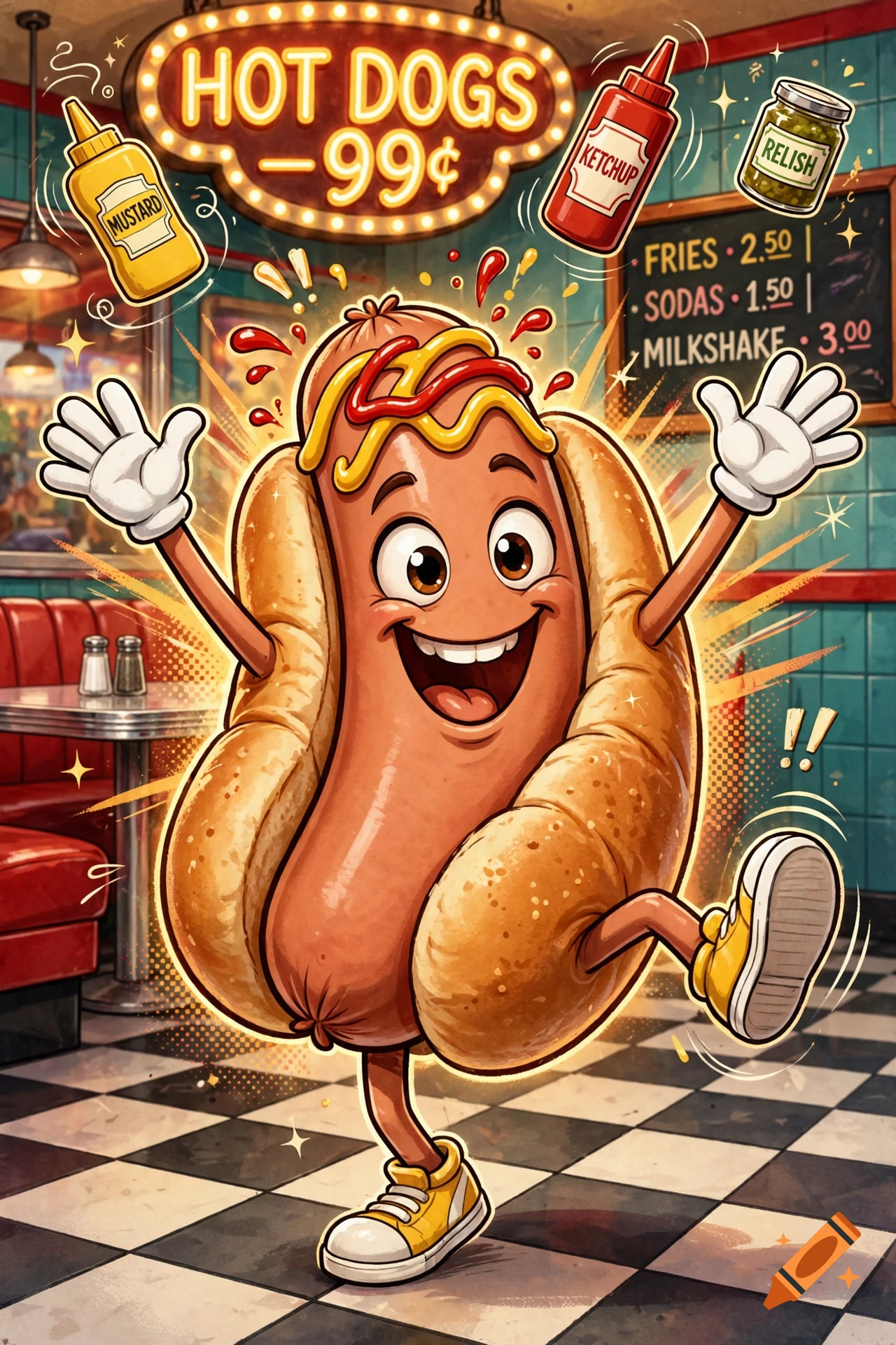 An anthropomorphic hot dog character with arms, legs, and a smiling face dances in a vintage diner.