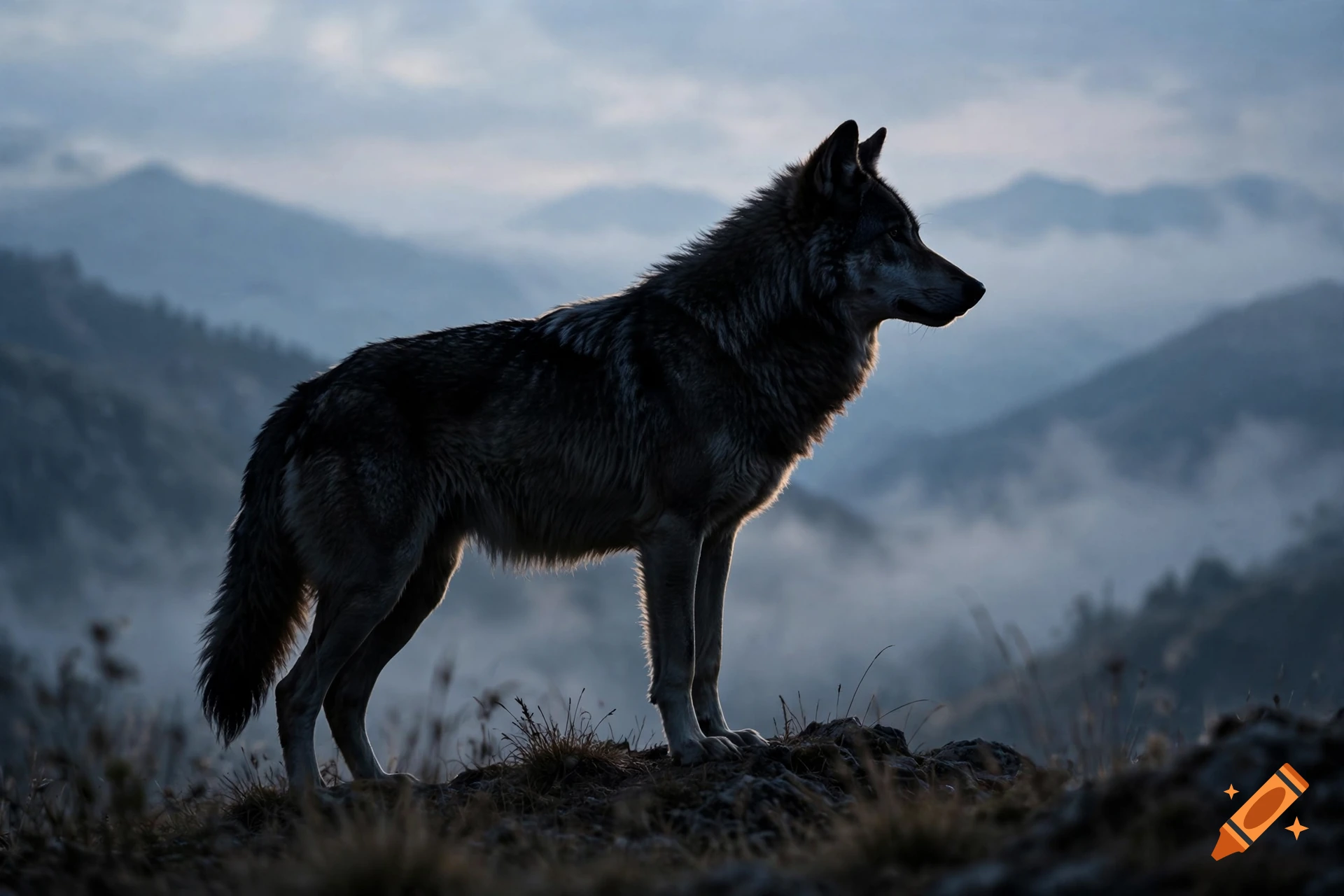 Photorealistic silhouette of a wolf standing on a rocky outcrop against a misty mountain backdrop.