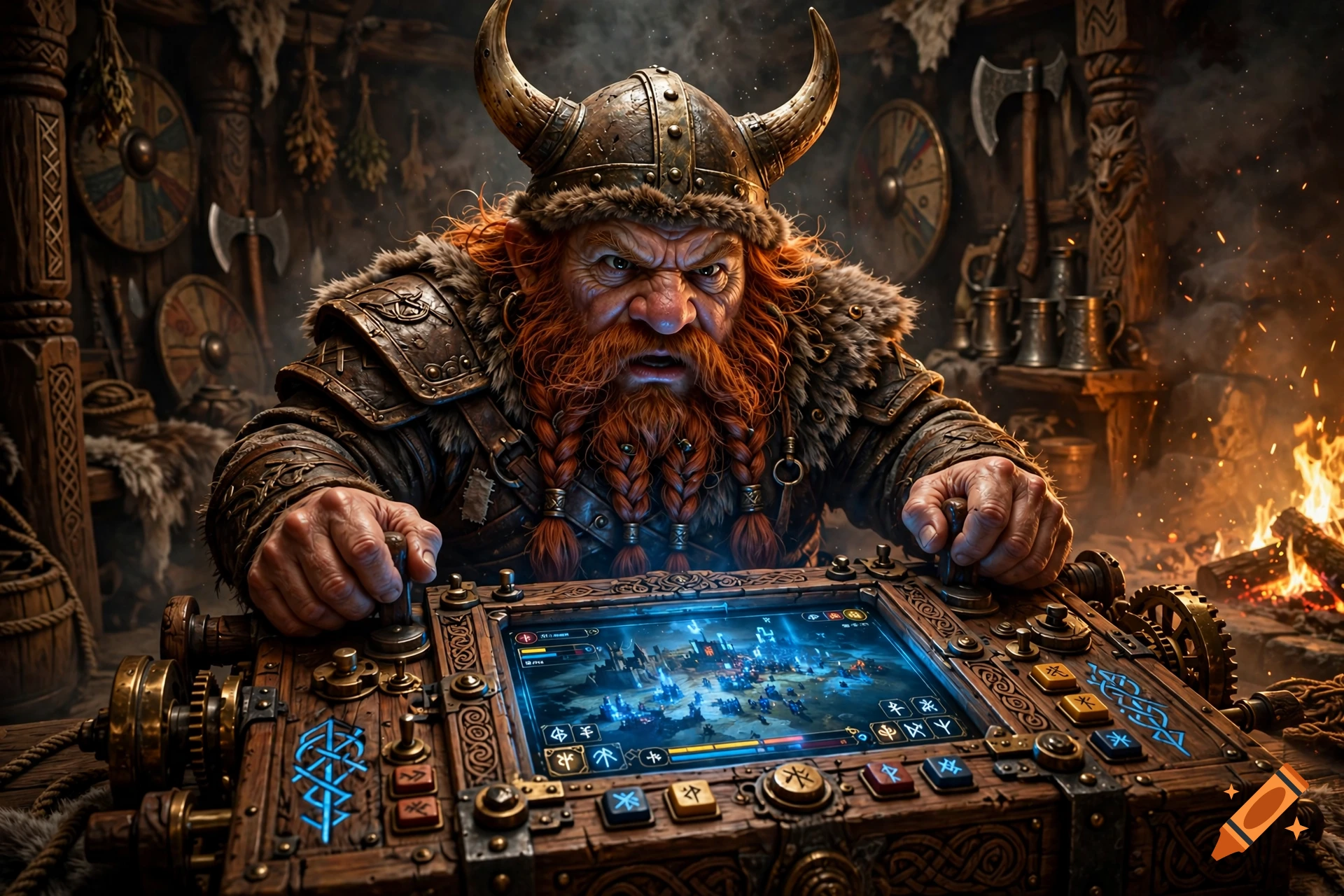An angry Viking dwarf playing a futuristic fantasy game on a rustic wooden console, digital art style.