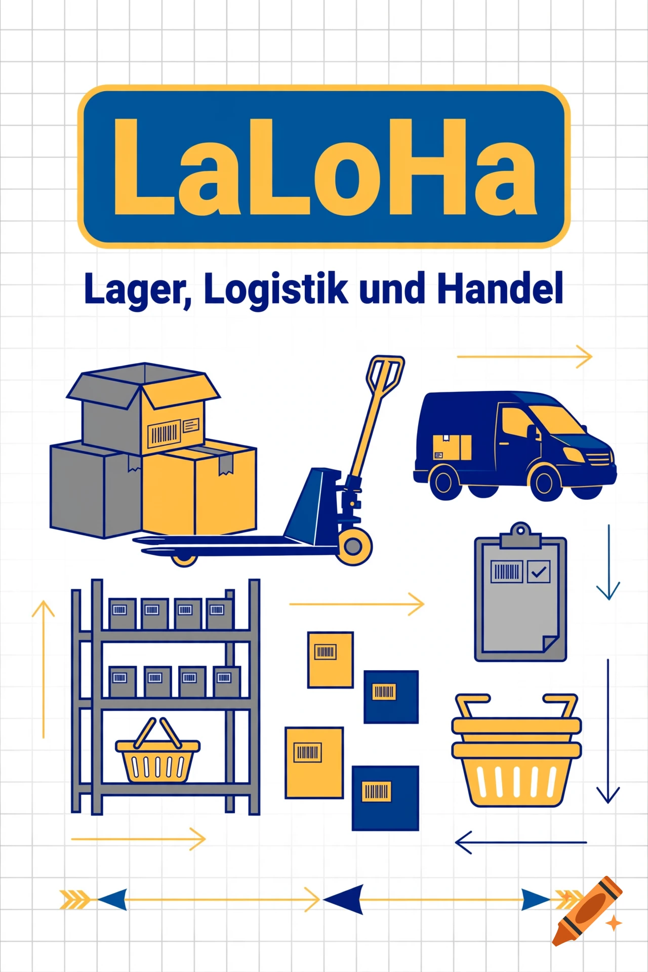 Vector illustration of warehouse and logistics elements with text LaLoHa and Lager, Logistik und Handel on grid background.