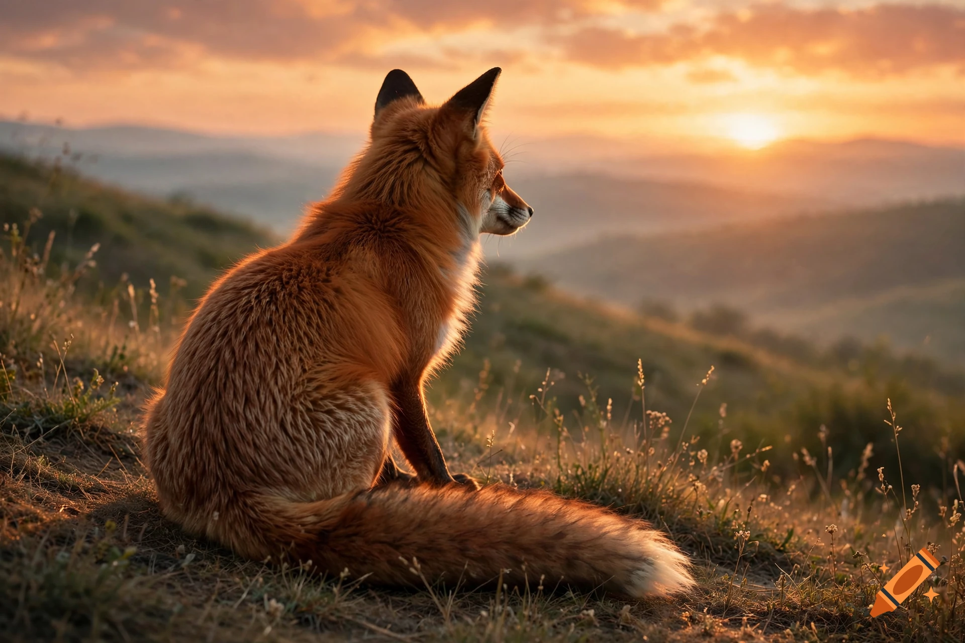 A photorealistic red fox sitting on a grassy hilltop, looking toward a sunset over distant mountains.