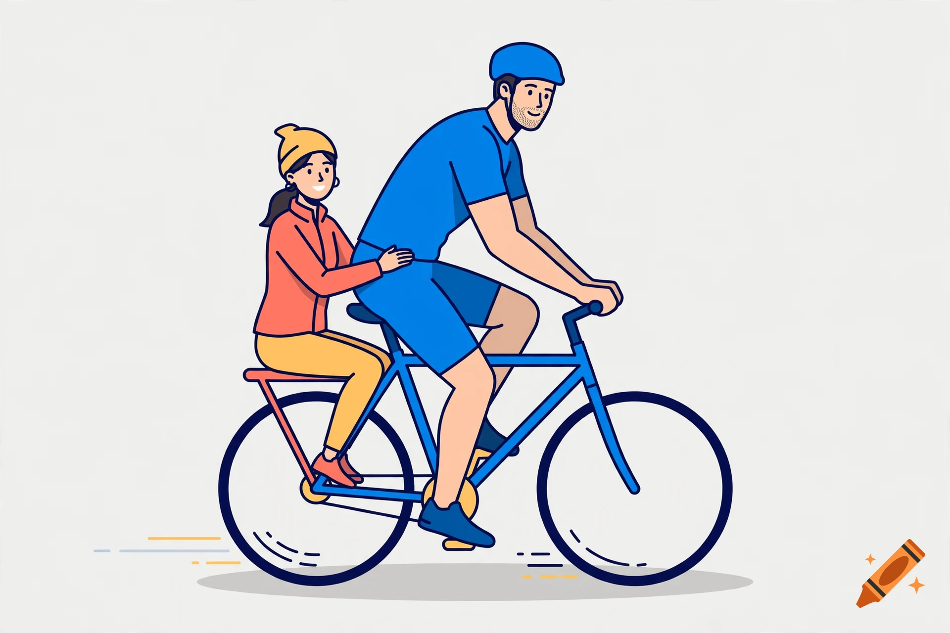 Vector illustration of a man and woman riding together on a blue bicycle, she is sitting on the rear rack and holding his waist.