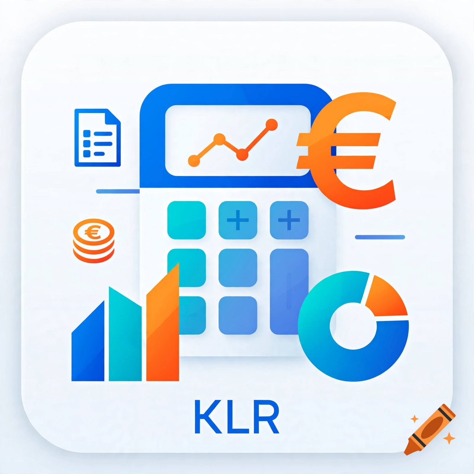 Modern vector illustration of a calculator, euro symbol, and business charts on a white background with the text KLR.