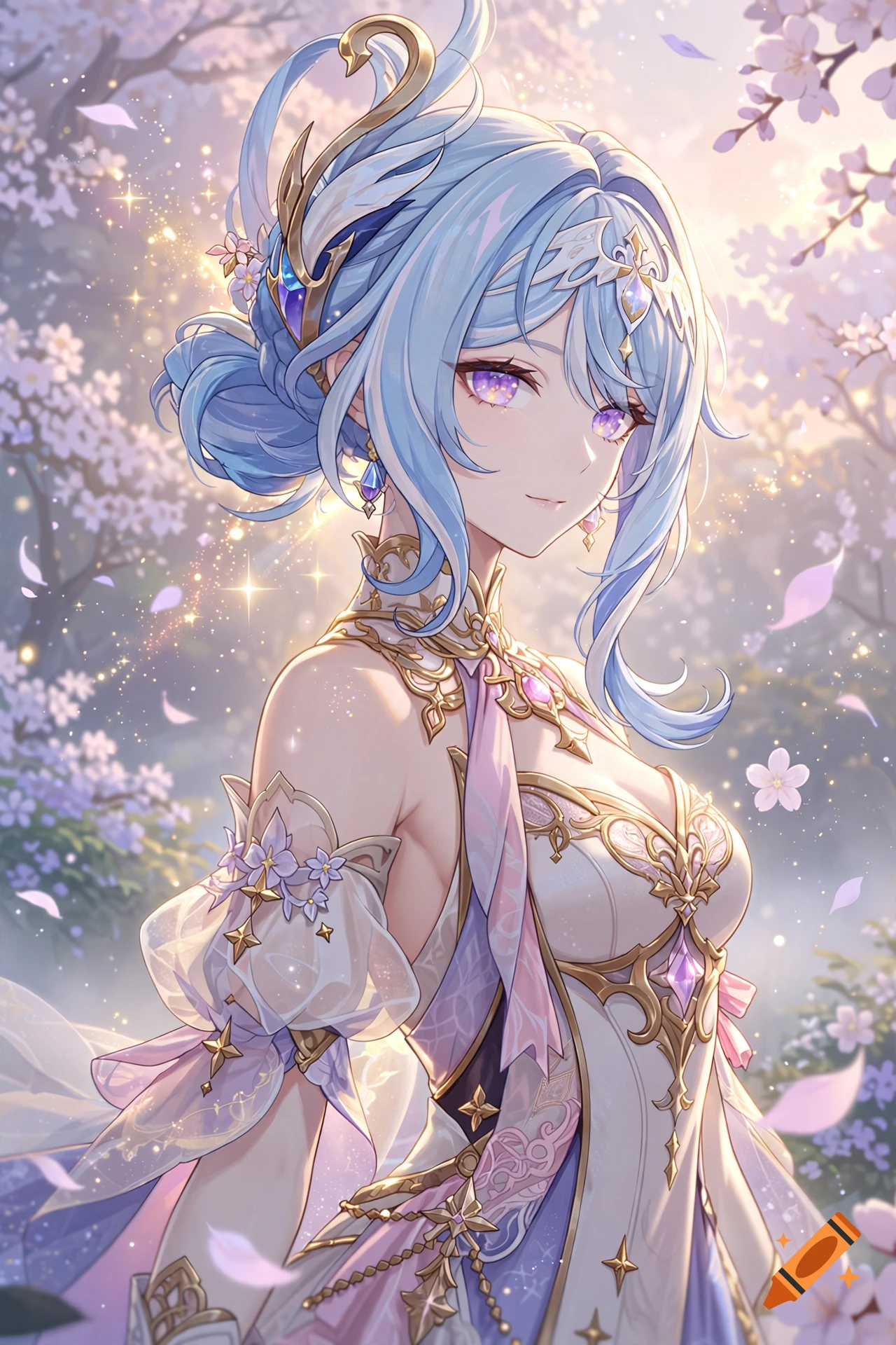 An anime-style portrait of a woman with light blue hair and purple eyes wearing an ornate dress, surrounded by cherry blossoms and sparkling light.