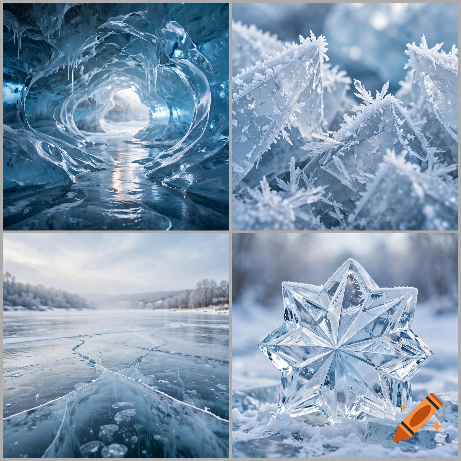 A collage of four photorealistic winter images featuring ice caves, frost-covered crystals, a frozen lake, and a star-shaped ice sculpture.