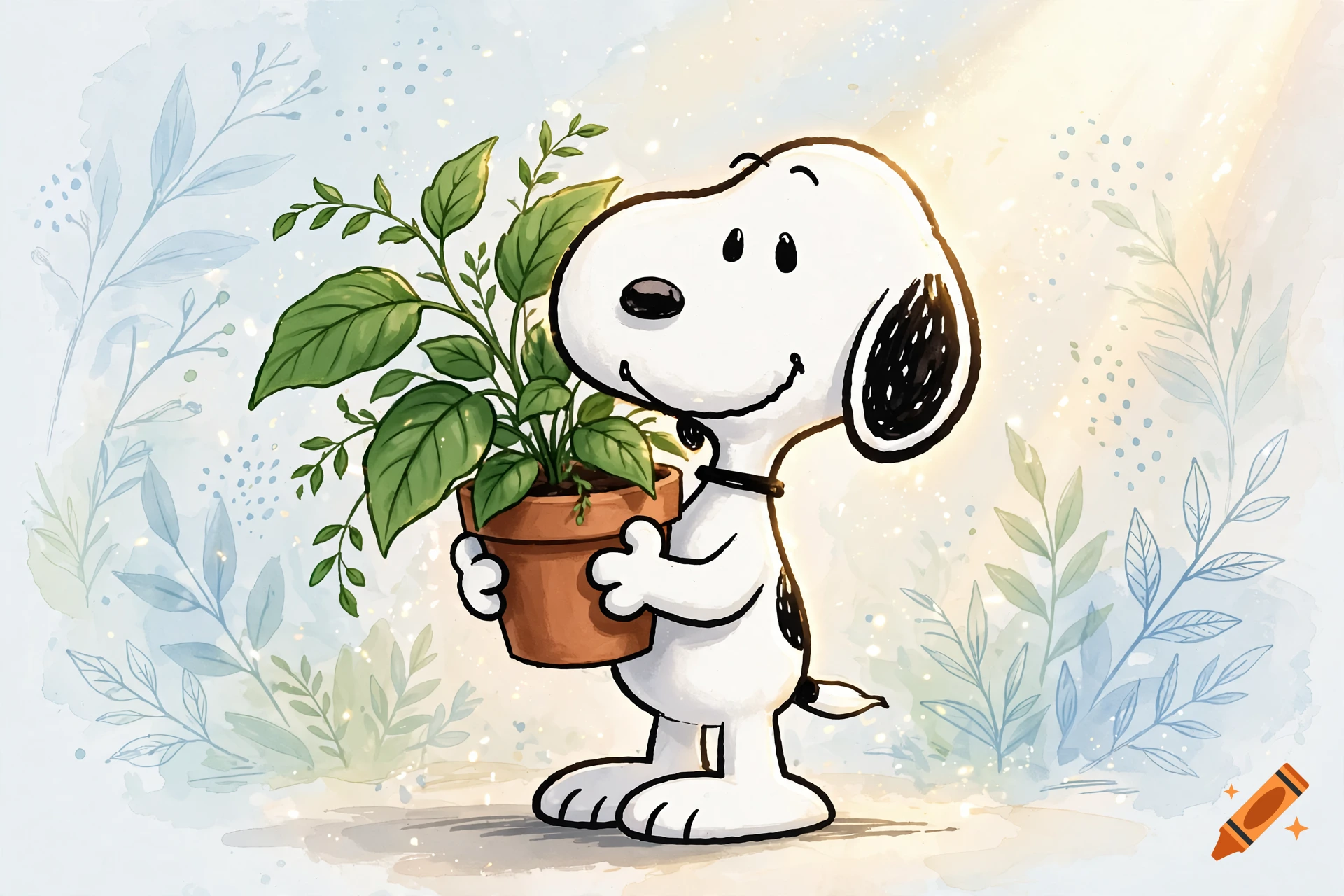 Watercolor illustration of Snoopy holding a potted green plant against a light background.