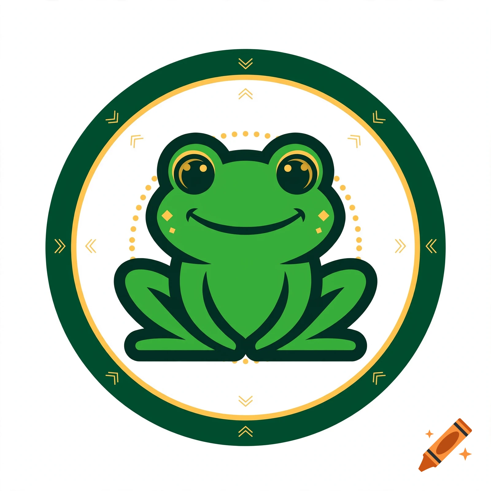 Vector logo of a smiling green cartoon frog inside a circular frame with geometric patterns.