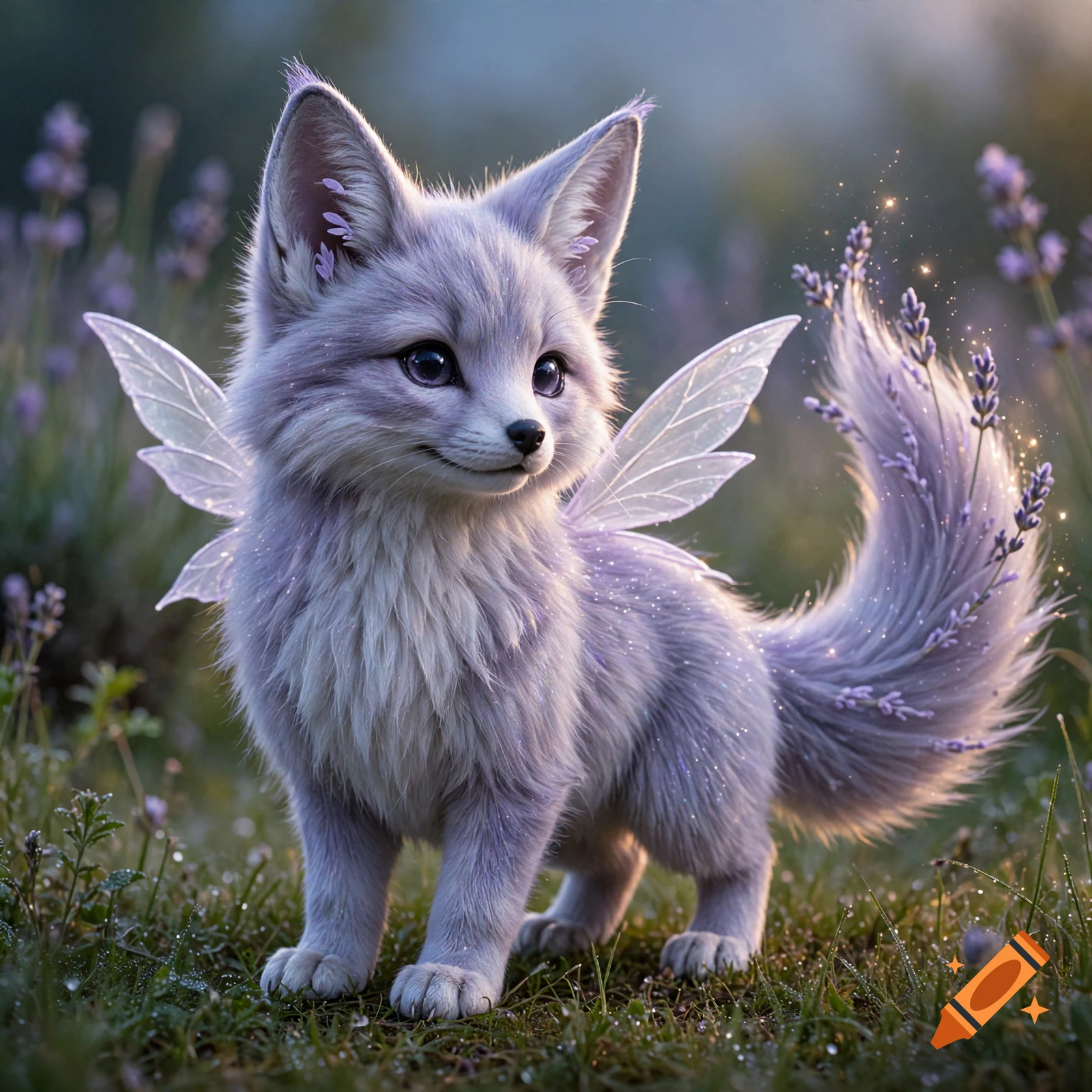 A photorealistic lavender-colored fantasy fox with fairy wings and a flower-tipped tail standing in a field.