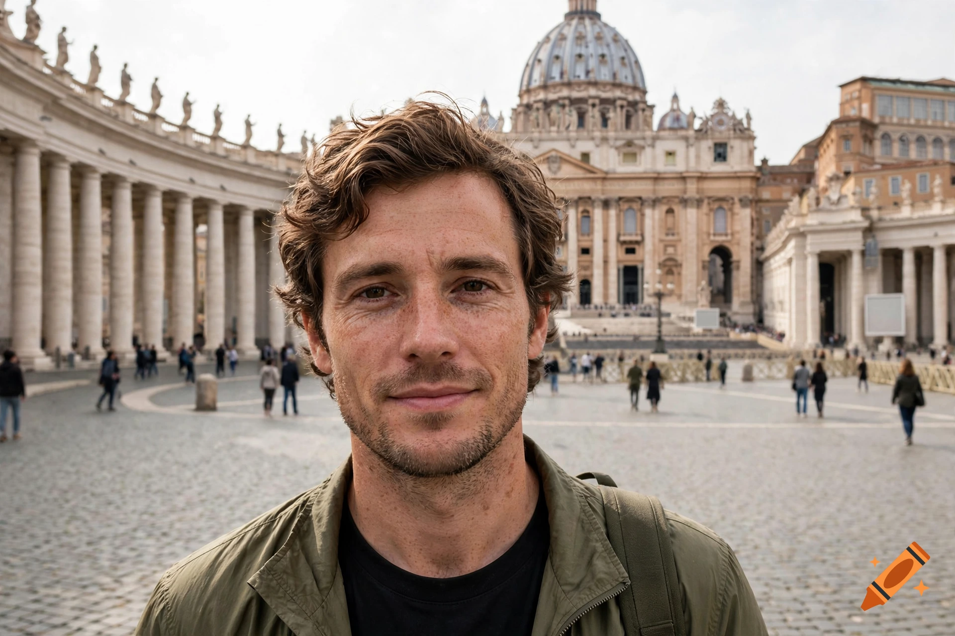Photorealistic close-up of a man with brown hair standing in St. Peter's Square in Vatican City with the basilica in the background.