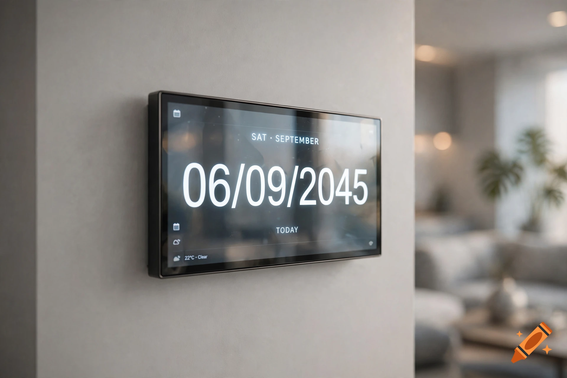 Photorealistic wall-mounted digital clock displaying the date 06/09/2045 in a modern living room.