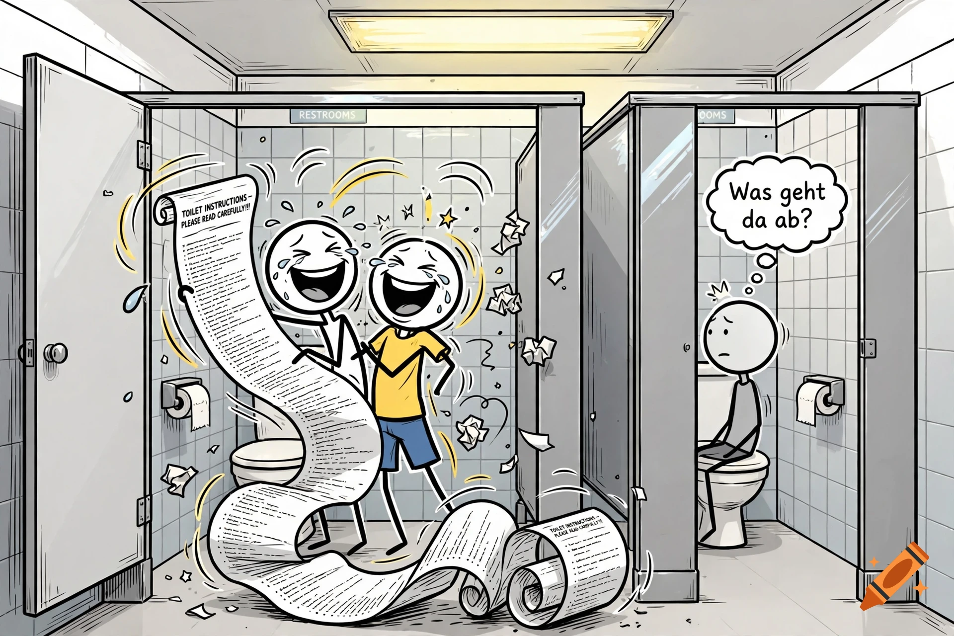 Cartoon illustration of two laughing stick figures holding a very long scroll of toilet instructions in a public restroom, while another bewildered stick figure sits on a toilet in a stall nearby.