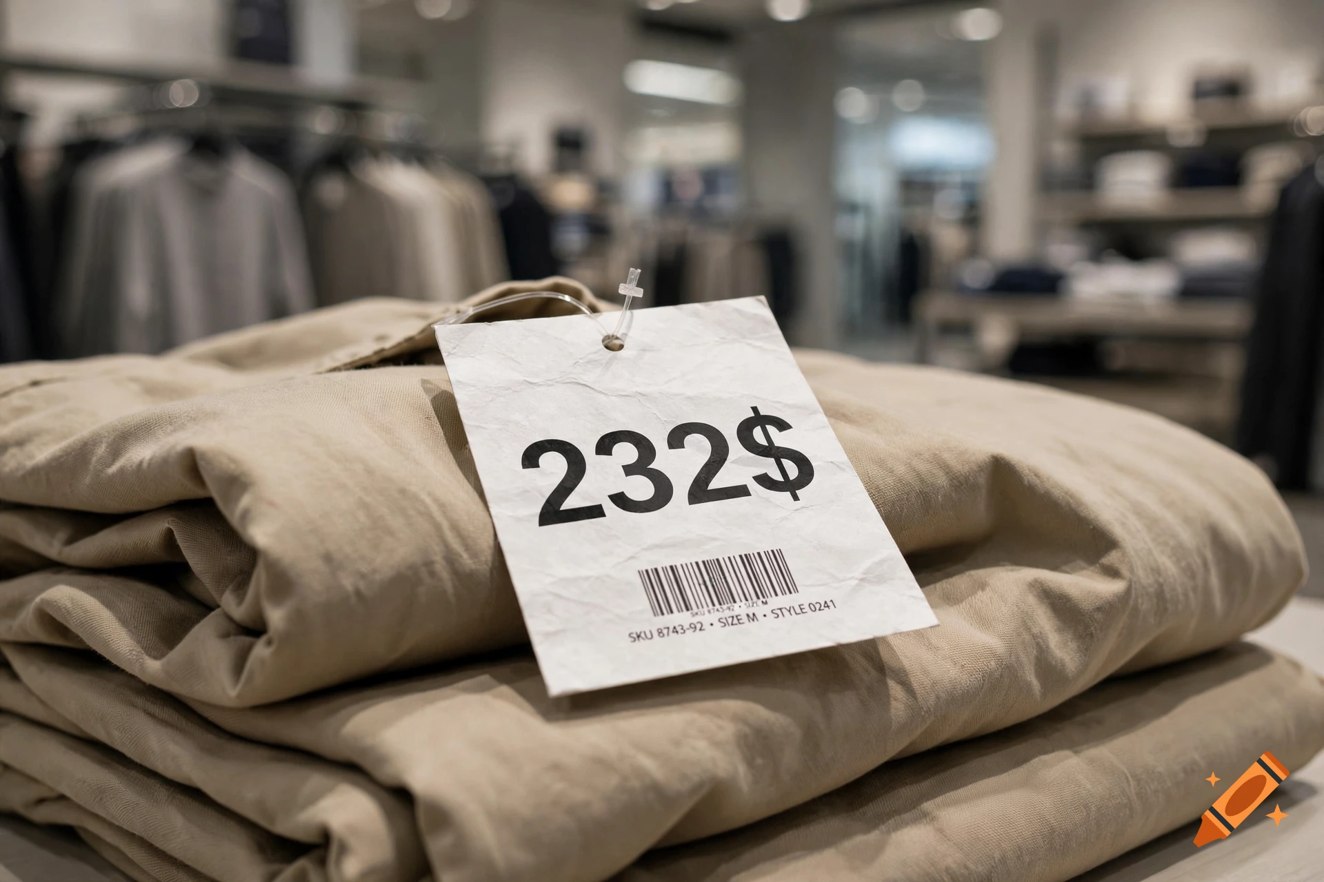 Close-up of a price tag reading 232$ on folded beige clothing in a retail store.