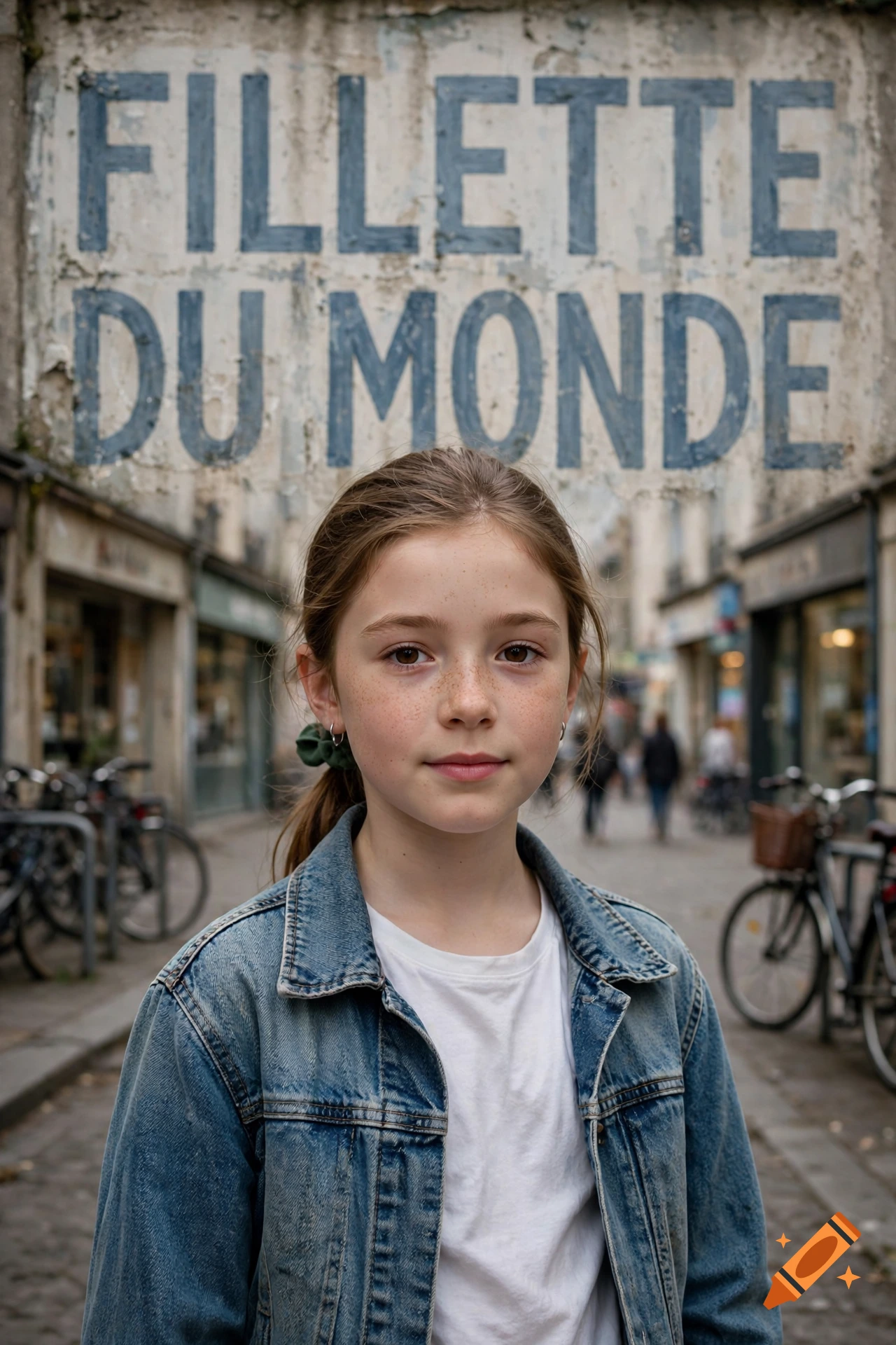 Portrait of a young girl standing on a city street with text painted on a wall behind her.