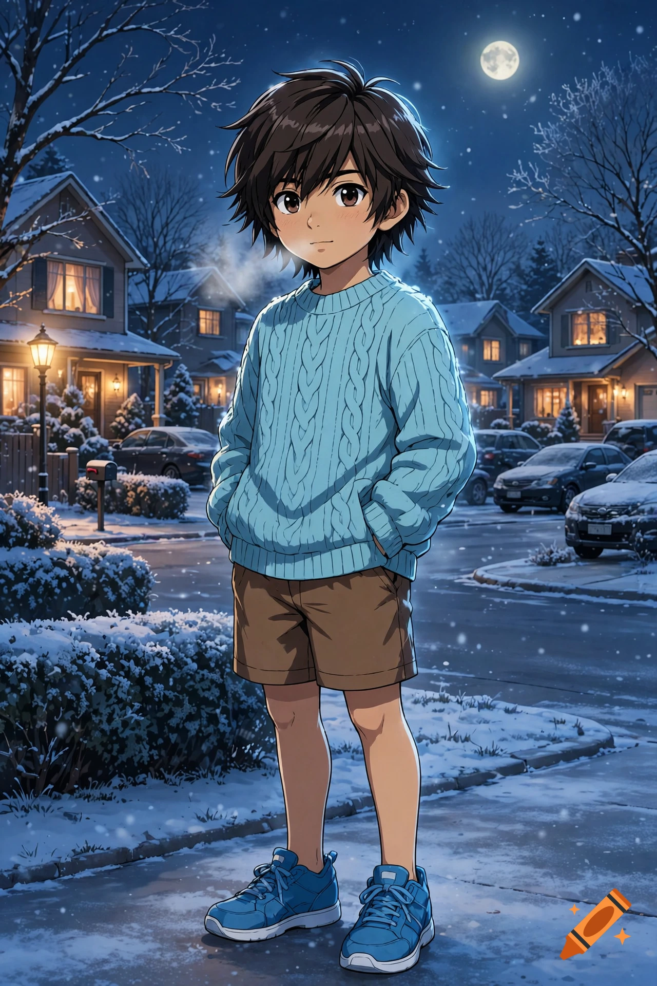 Anime style illustration of a 12-year-old Filipino boy in a light cyan sweater and shorts standing in a snowy suburban street at night.