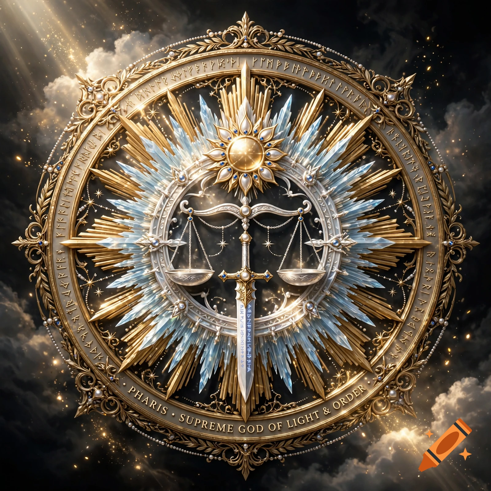 An ornate, circular golden and silver talismanic emblem featuring a central sword, scales of justice, sunburst, and runes against a dark, cloudy sky.