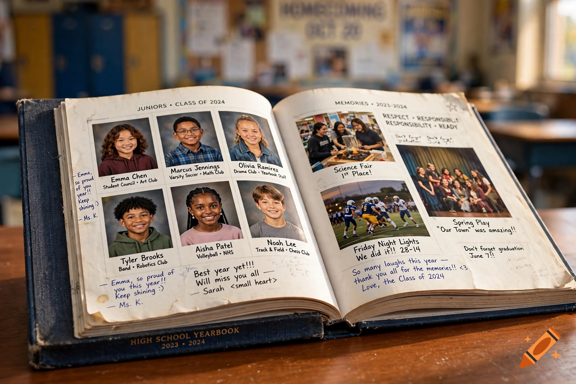 Open high school yearbook showing portraits of students and candid photos, with handwritten notes on the pages.