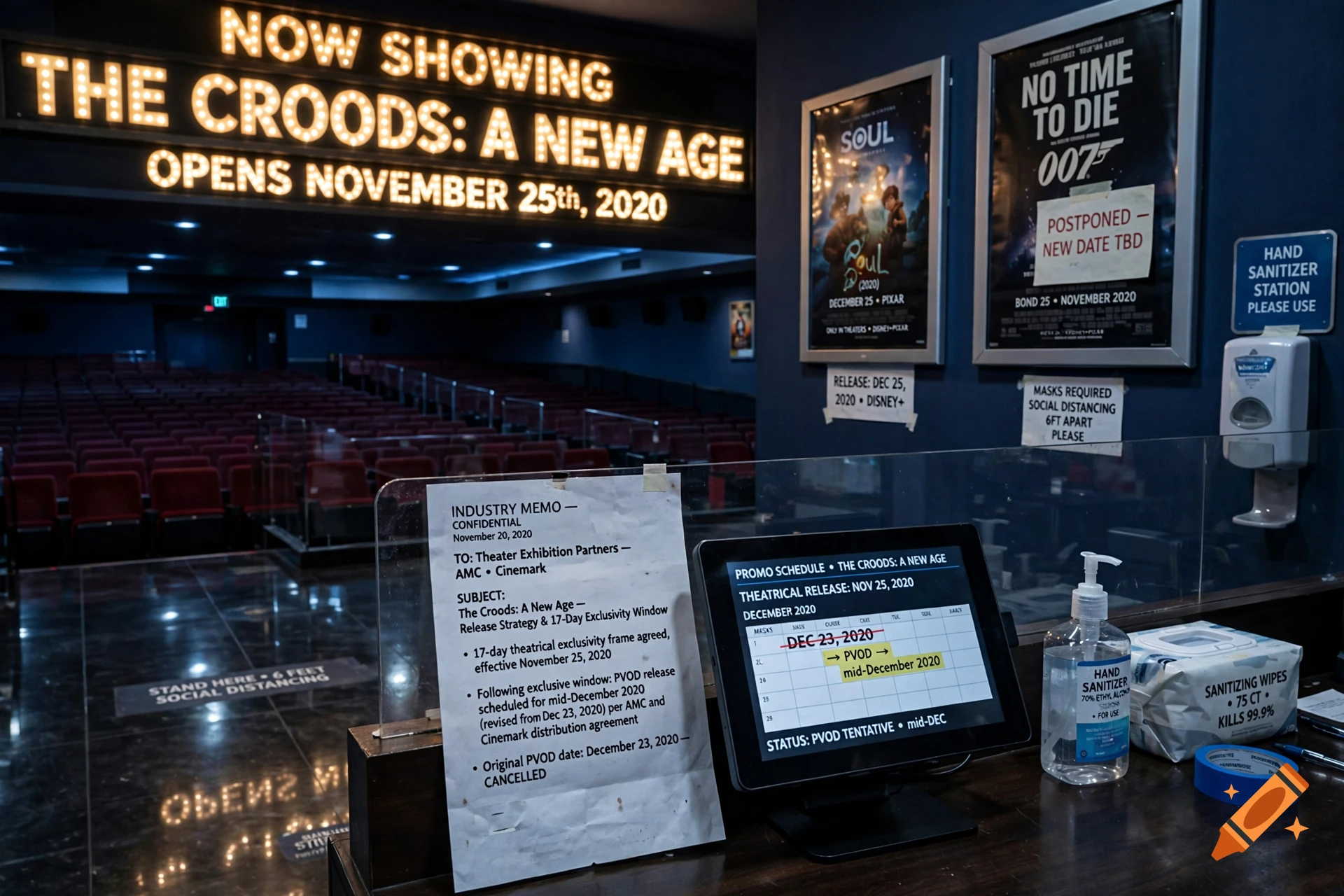 An empty movie theater lobby and auditorium during the COVID-19 pandemic, showing movie posters, a memo about release dates, a tablet schedule, and hand sanitizer.