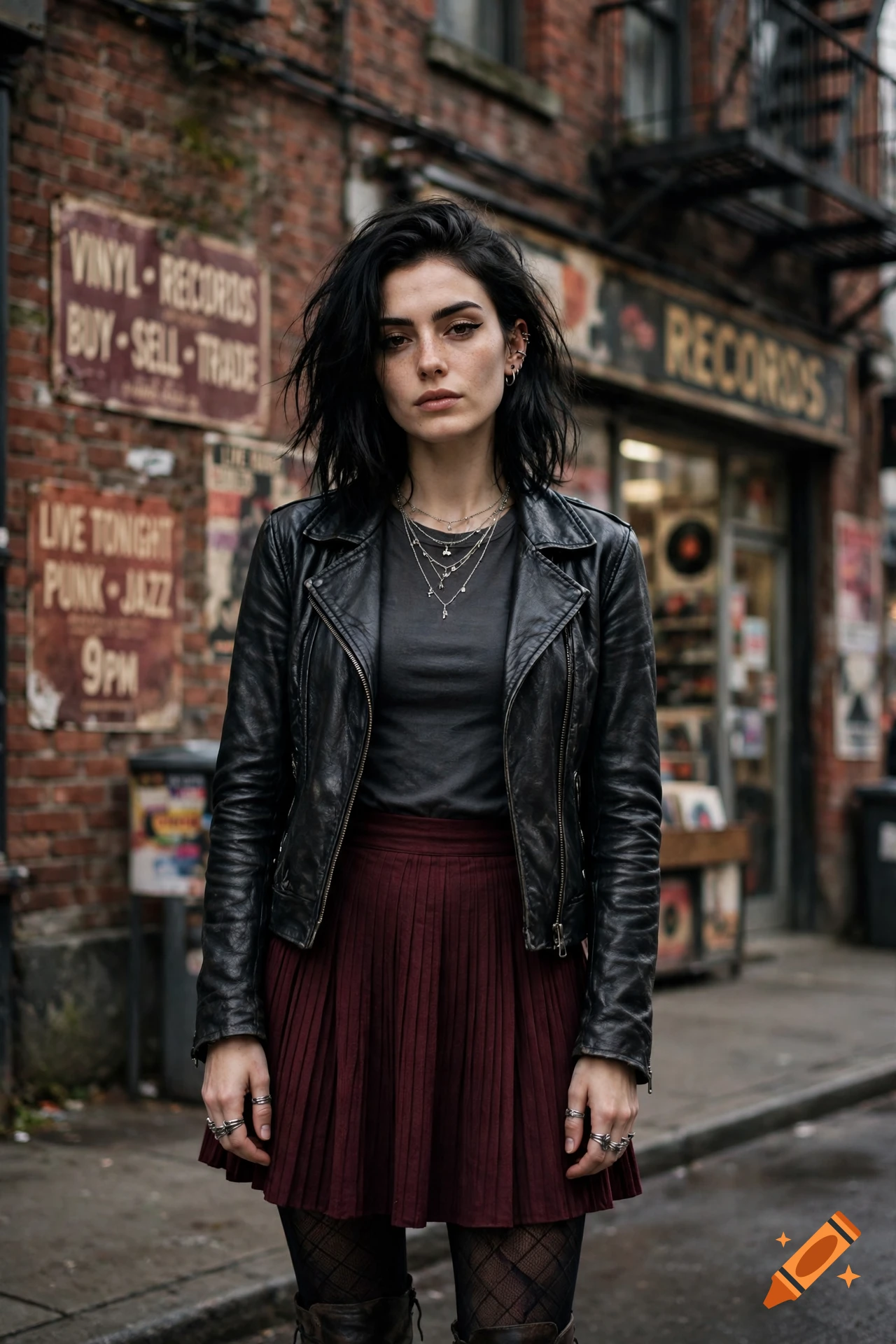 Photorealistic portrait of a young woman with dark hair, black leather jacket, and maroon skirt standing in front of a brick building.