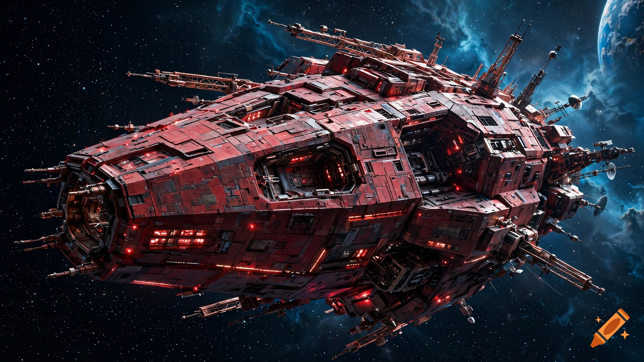 A massive, red, highly detailed futuristic spaceship floating in deep space with a planet visible in the background, photorealistic style.