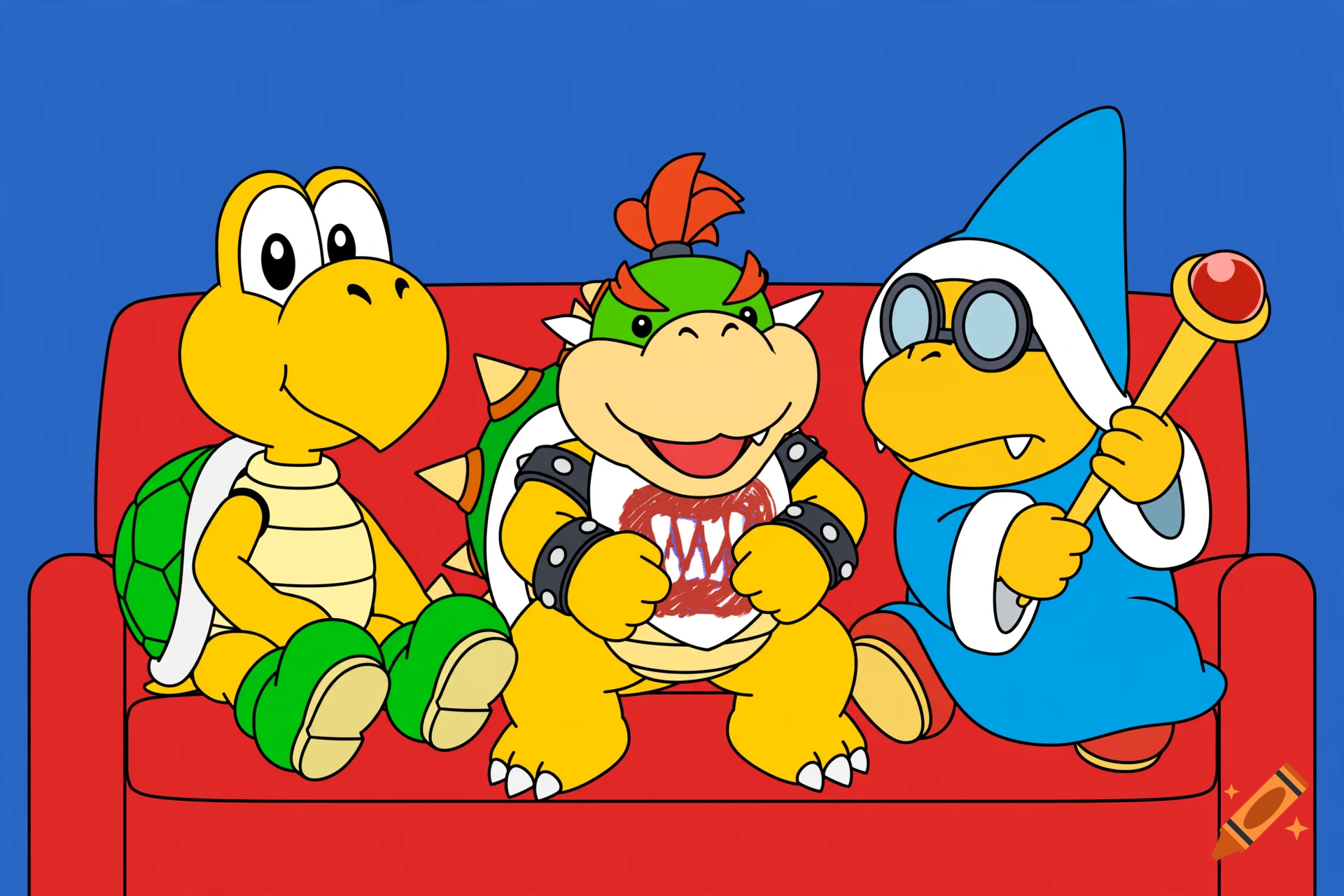 Koopa Troopa, Bowser Jr., and Kamek sitting together on a red couch against a blue wall in 2D cartoon style.