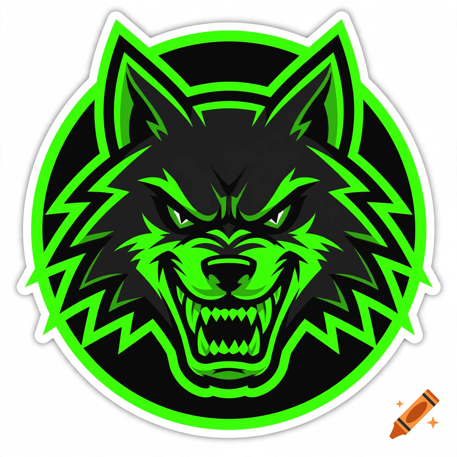 Esports mascot logo of an angry wolf head with black and neon green accents in sticker style.