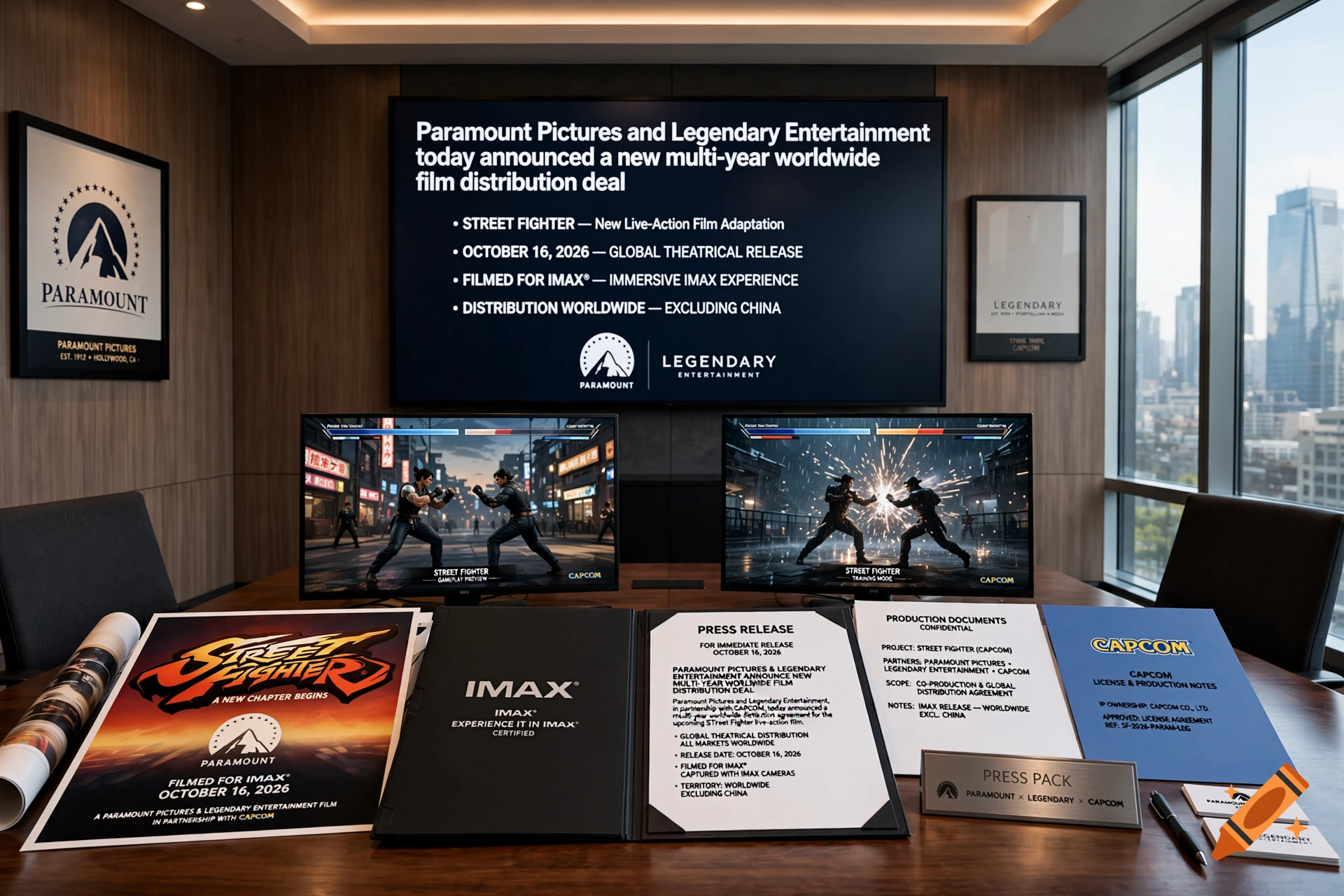 A corporate meeting room displaying a press release and monitors about a new Street Fighter film partnership between Paramount and Legendary.