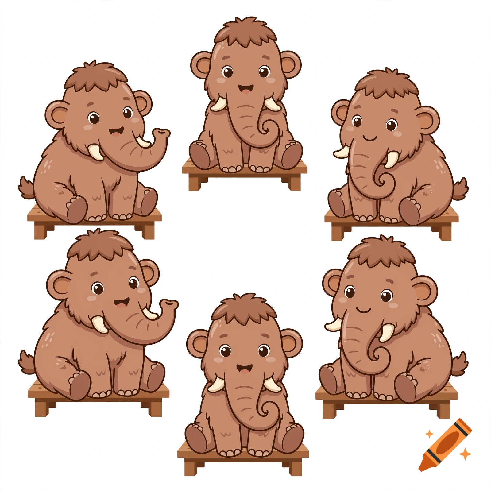 A set of six cute cartoon mammoths sitting on small wooden benches against a white background.